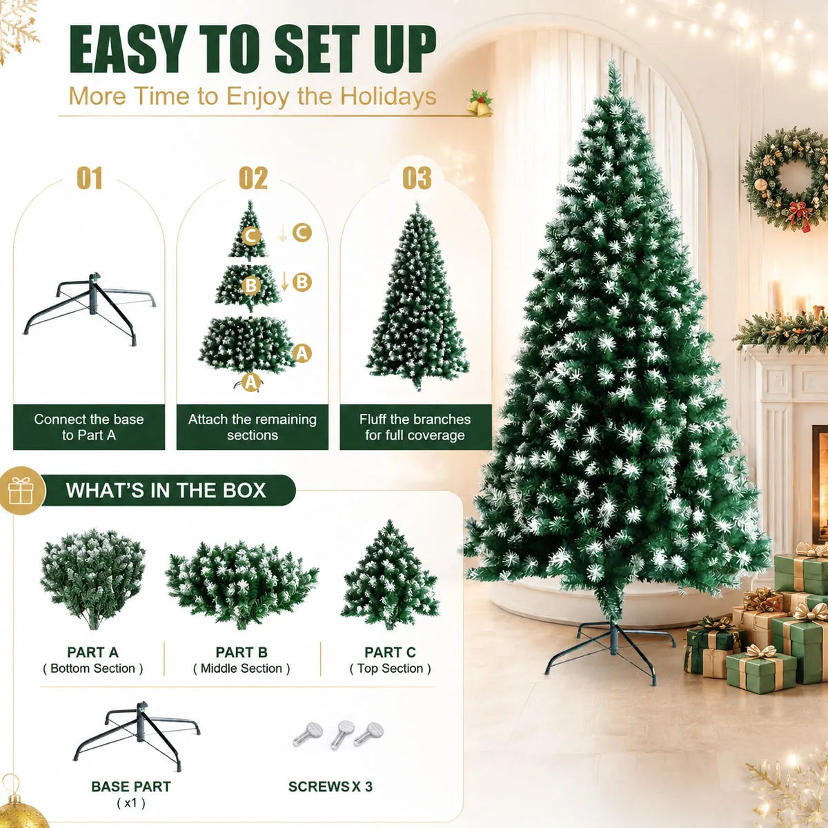 8FT Snow Flocked Artificial Christmas Tree, Unlit Frosted Pine Tree with Foldable Metal Base, PVC Fireproof Xmas Tree for Indoor Home Commercial Holiday Decoration