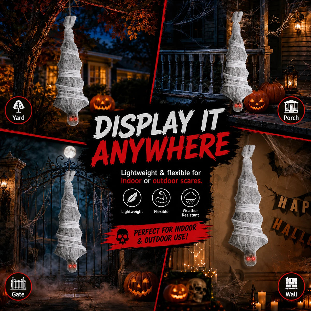 Scary Halloween Hanging Upside‑Down Zombie Mummy Decor, Electric Animated Prop with Red Light‑Up Eyes, Spooky Ornament for Garden Yard Haunted House Party Supplies