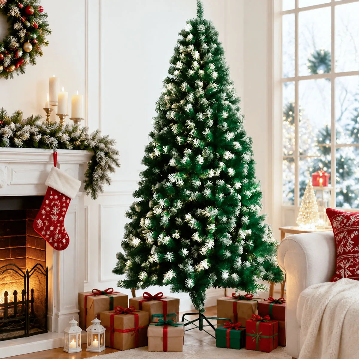8FT Snow Flocked Artificial Christmas Tree, Unlit Frosted Pine Tree with Foldable Metal Base, PVC Fireproof Xmas Tree for Indoor Home Commercial Holiday Decoration