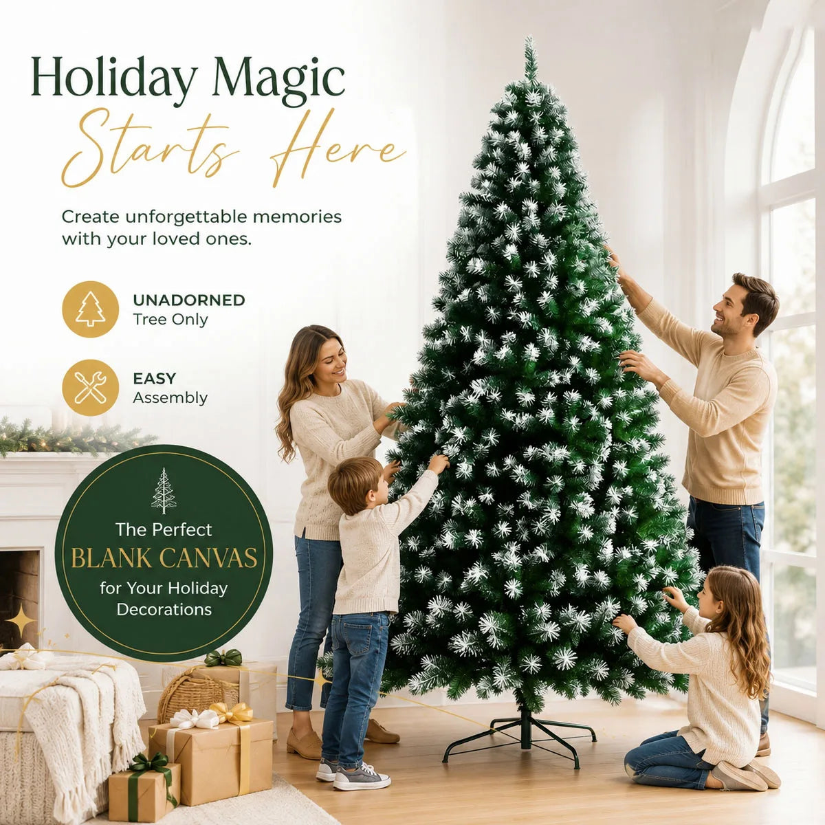 8FT Snow Flocked Artificial Christmas Tree, Unlit Frosted Pine Tree with Foldable Metal Base, PVC Fireproof Xmas Tree for Indoor Home Commercial Holiday Decoration