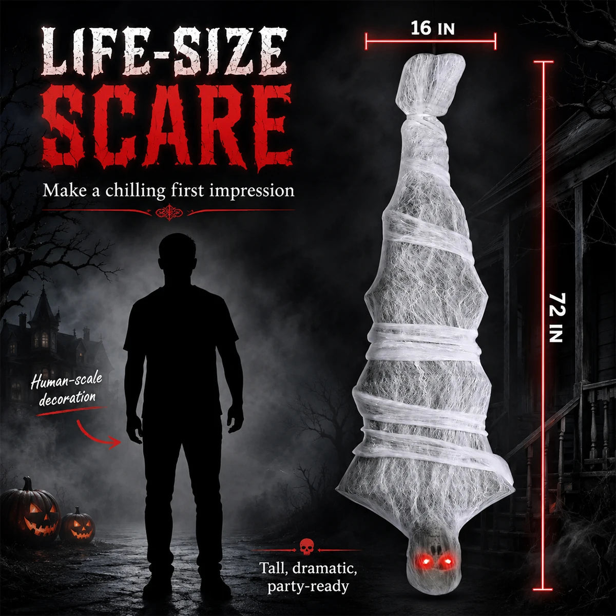Scary Halloween Hanging Upside‑Down Zombie Mummy Decor, Electric Animated Prop with Red Light‑Up Eyes, Spooky Ornament for Garden Yard Haunted House Party Supplies