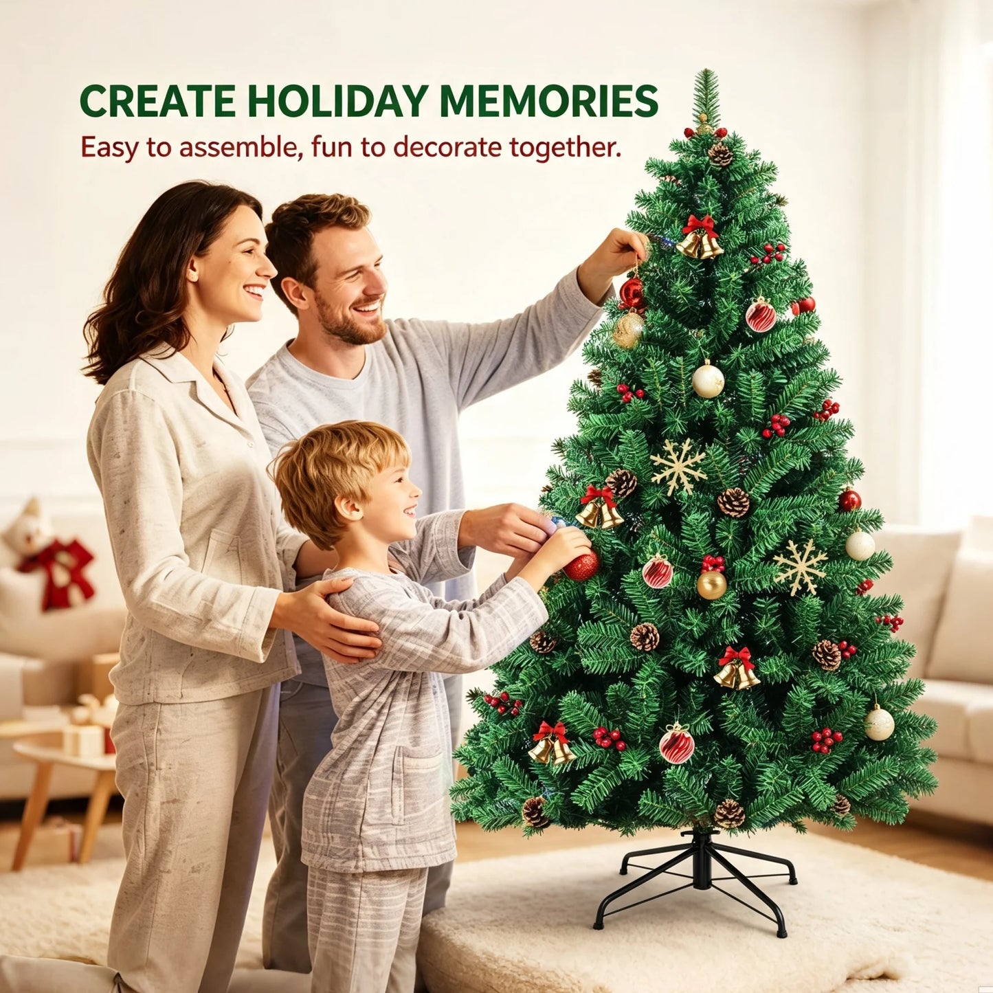 7ft Artificial Christmas Tree with Pine Cones & Red Berries, Hinged Fireproof PVC Xmas Tree with Metal Stand for Home Holiday Party Decor