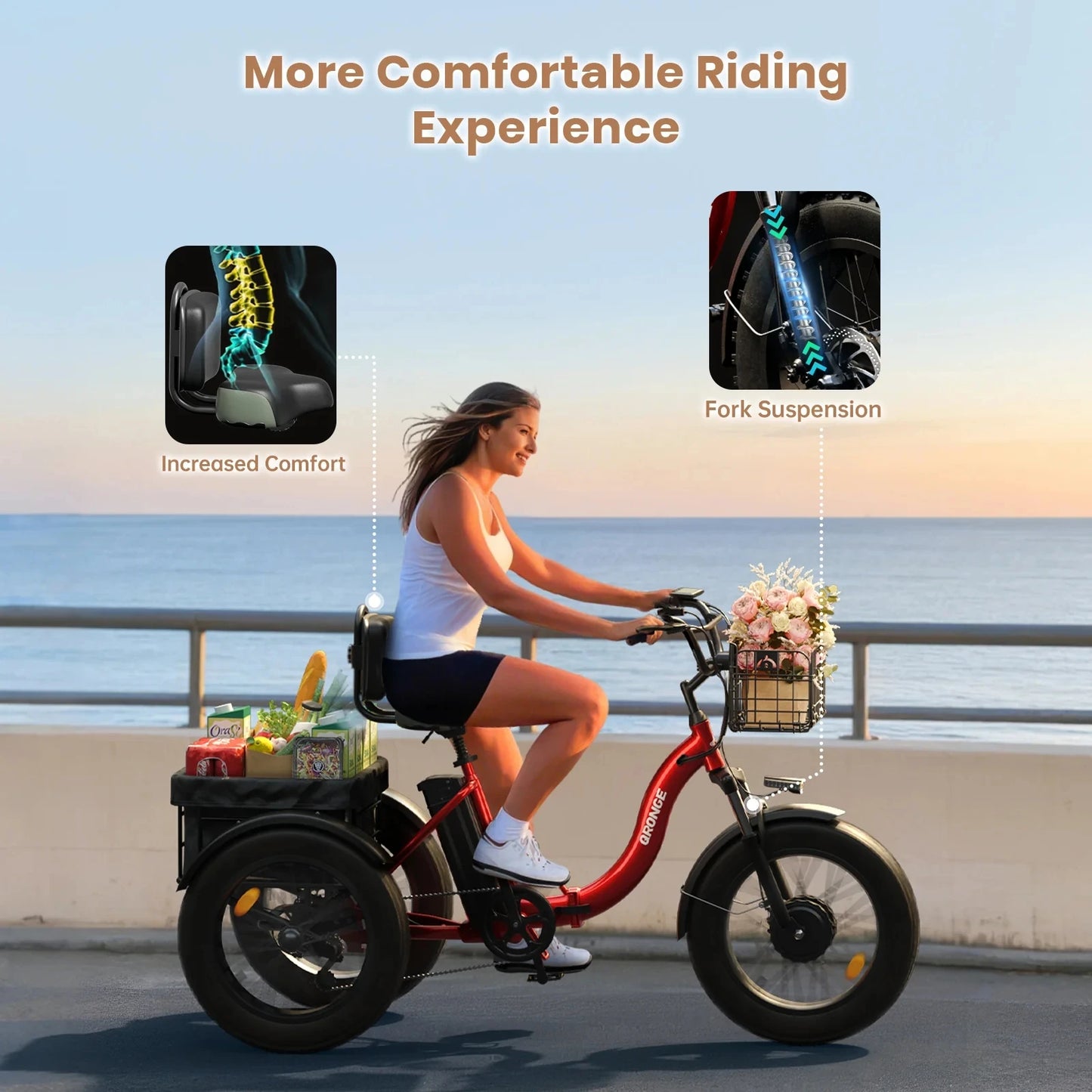 Qronge 960W Folding Electric Tricycle 36V 13.5Ah 50 Miles Range