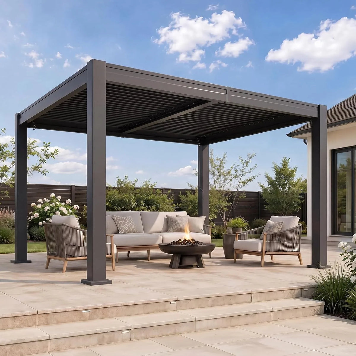 Aoxun Aluminum Louvered Pergola Gazebo With Waterproof Curtains And Netting