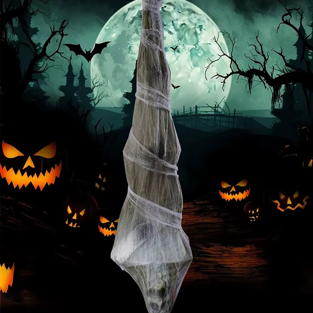 Scary Halloween Hanging Upside‑Down Zombie Mummy Decor, Electric Animated Prop with Red Light‑Up Eyes, Spooky Ornament for Garden Yard Haunted House Party Supplies