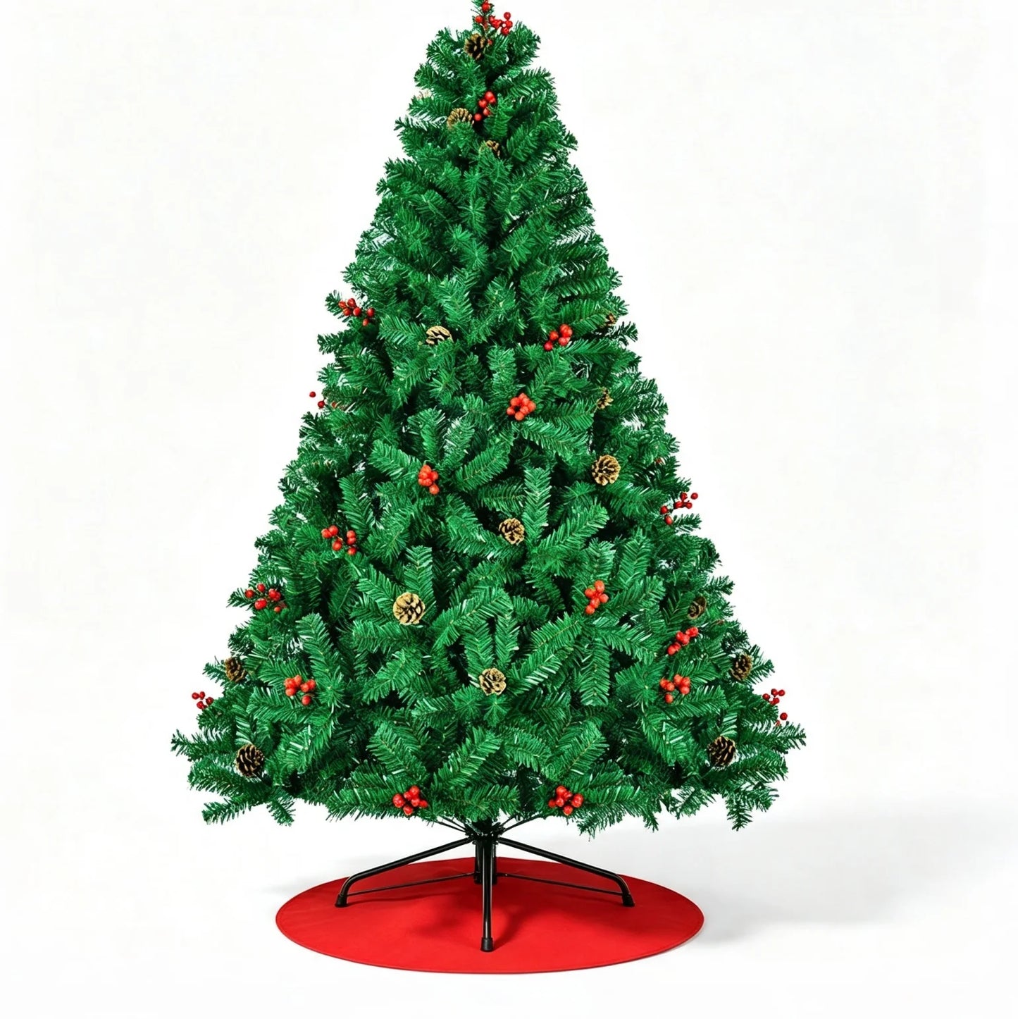 7ft Artificial Christmas Tree with Pine Cones & Red Berries, Hinged Fireproof PVC Xmas Tree with Metal Stand for Home Holiday Party Decor