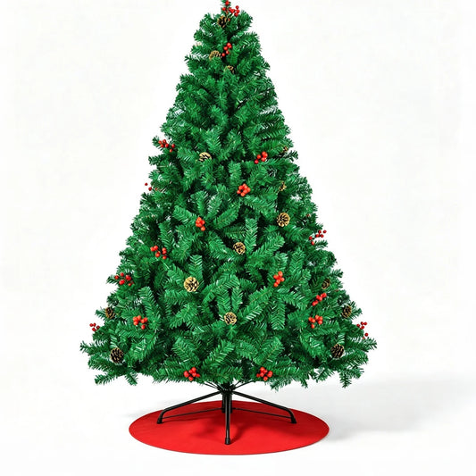 7ft Artificial Christmas Tree with Pine Cones & Red Berries, Hinged Fireproof PVC Xmas Tree with Metal Stand for Home Holiday Party Decor