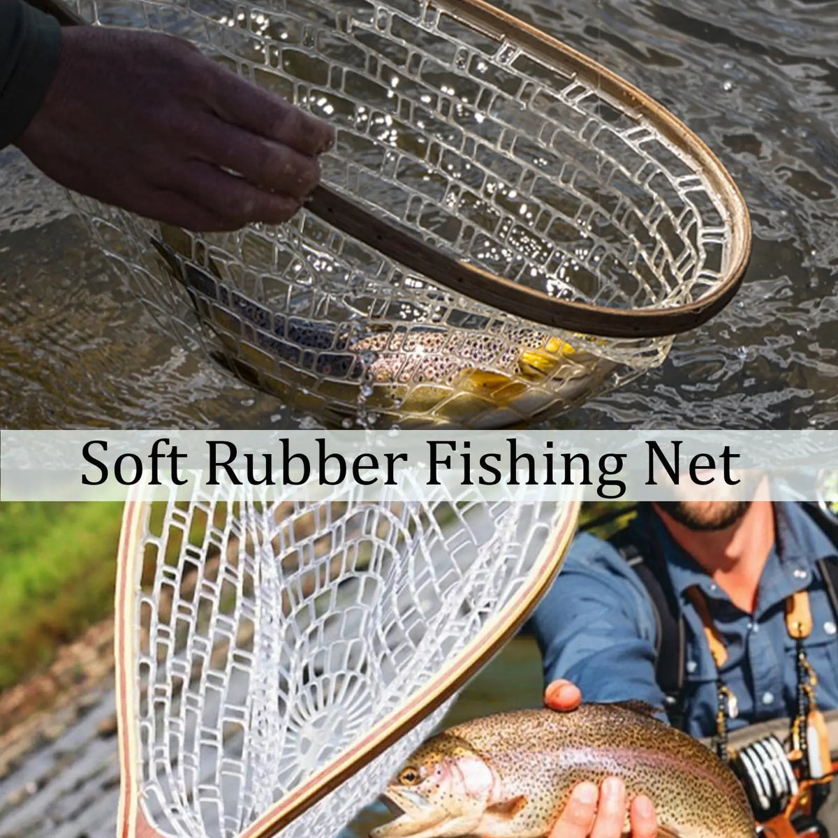 Fishing Net for Trout, Fly Fishing Net with Soft Rubber Mesh, Wooden Handle Fishing Net for Freshwater & Saltwater Fishing, Catch and Release, Gift for Anglers & Fly Fishing Enthusiasts