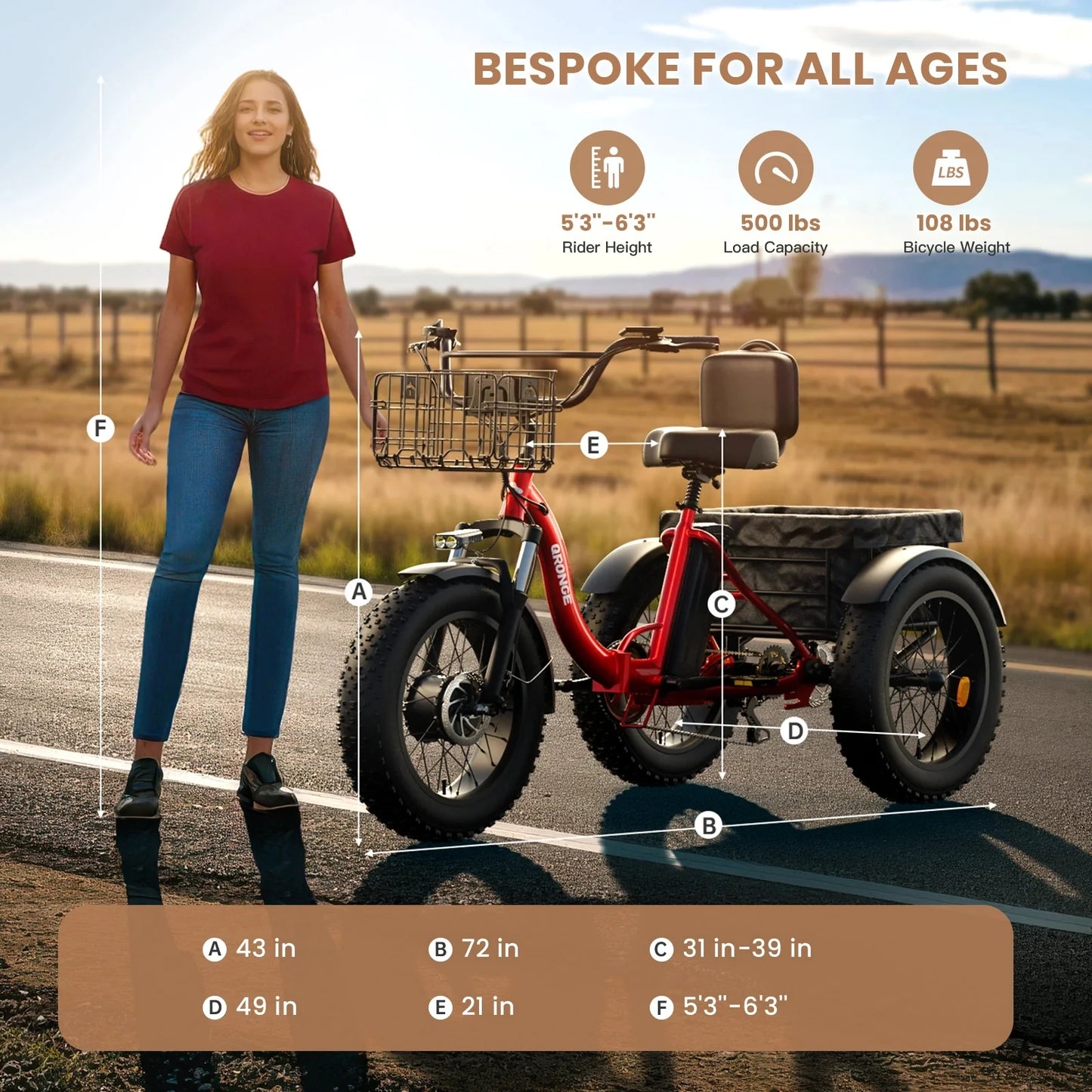 Qronge 960W Folding Electric Tricycle 36V 13.5Ah 50 Miles Range