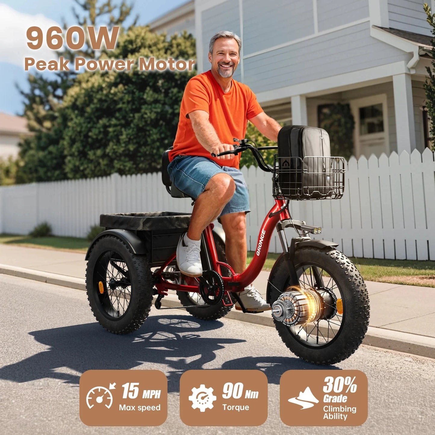 Qronge 960W Folding Electric Tricycle 36V 13.5Ah 50 Miles Range