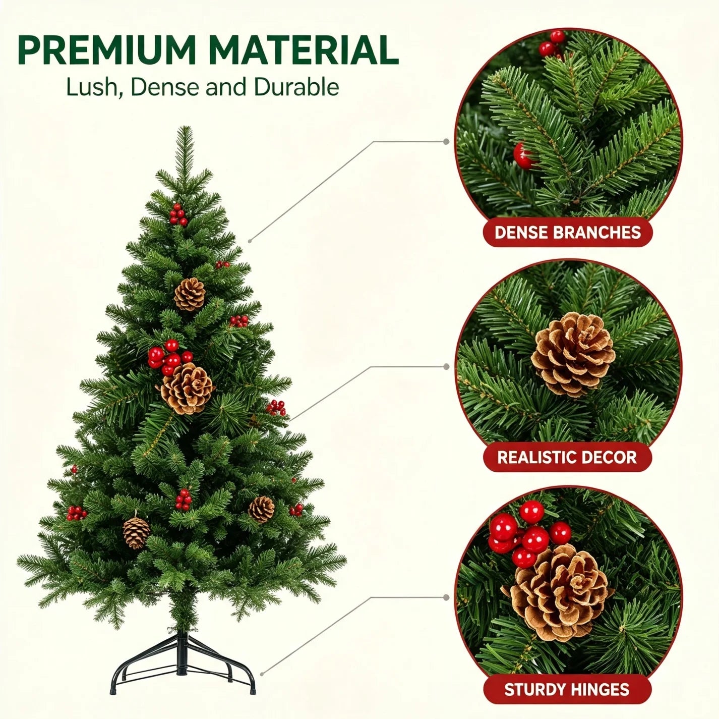 7ft Artificial Christmas Tree with Pine Cones & Red Berries, Hinged Fireproof PVC Xmas Tree with Metal Stand for Home Holiday Party Decor