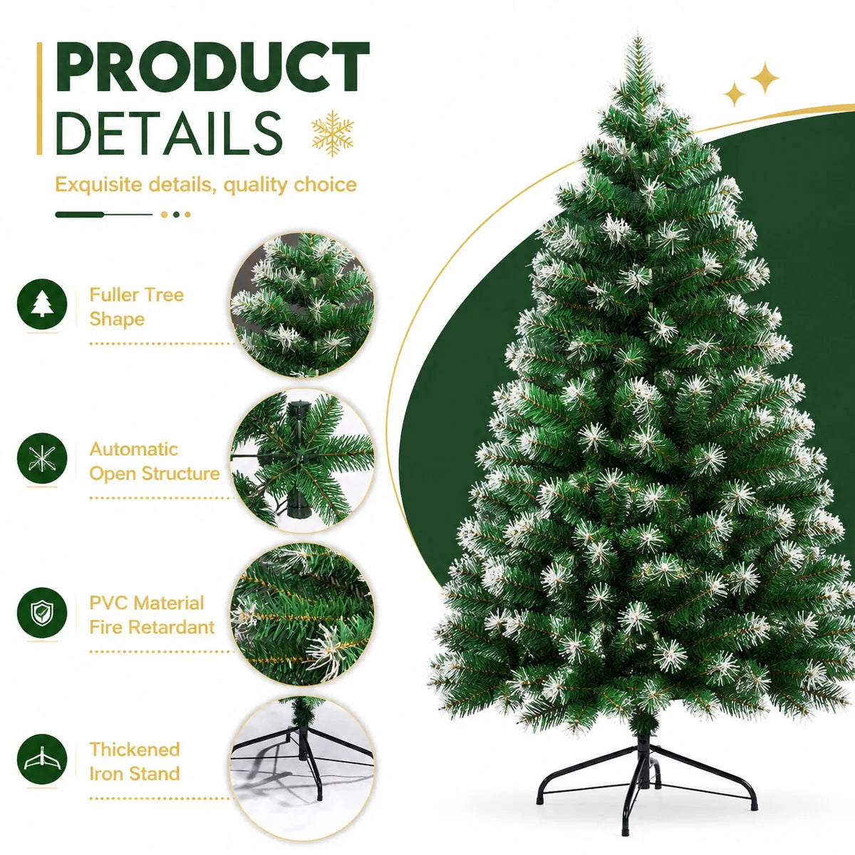 8FT Snow Flocked Artificial Christmas Tree, Unlit Frosted Pine Tree with Foldable Metal Base, PVC Fireproof Xmas Tree for Indoor Home Commercial Holiday Decoration