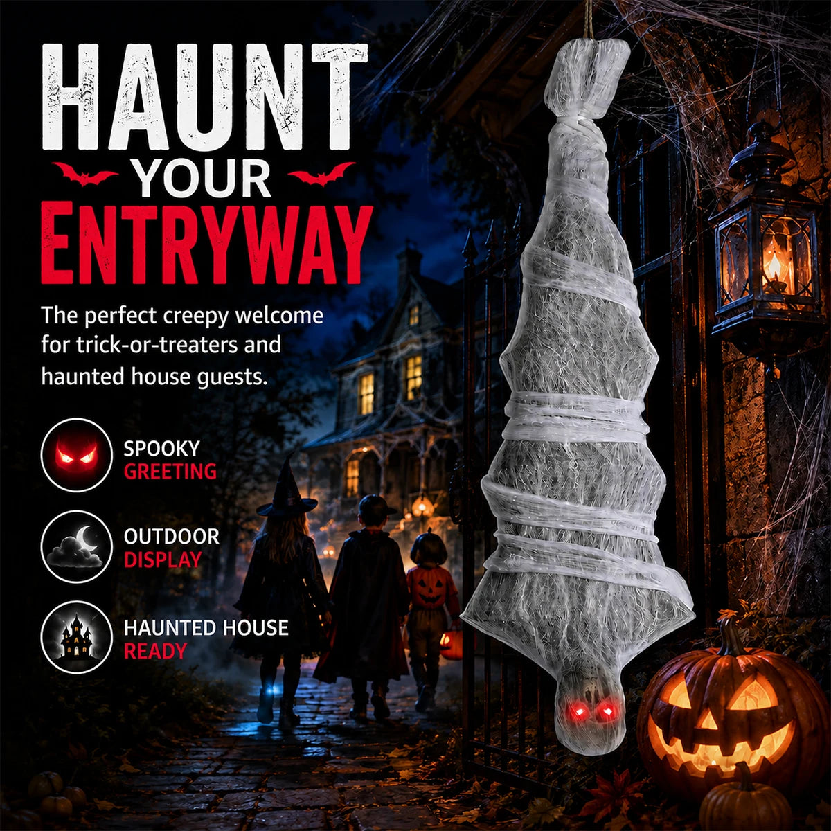 Scary Halloween Hanging Upside‑Down Zombie Mummy Decor, Electric Animated Prop with Red Light‑Up Eyes, Spooky Ornament for Garden Yard Haunted House Party Supplies