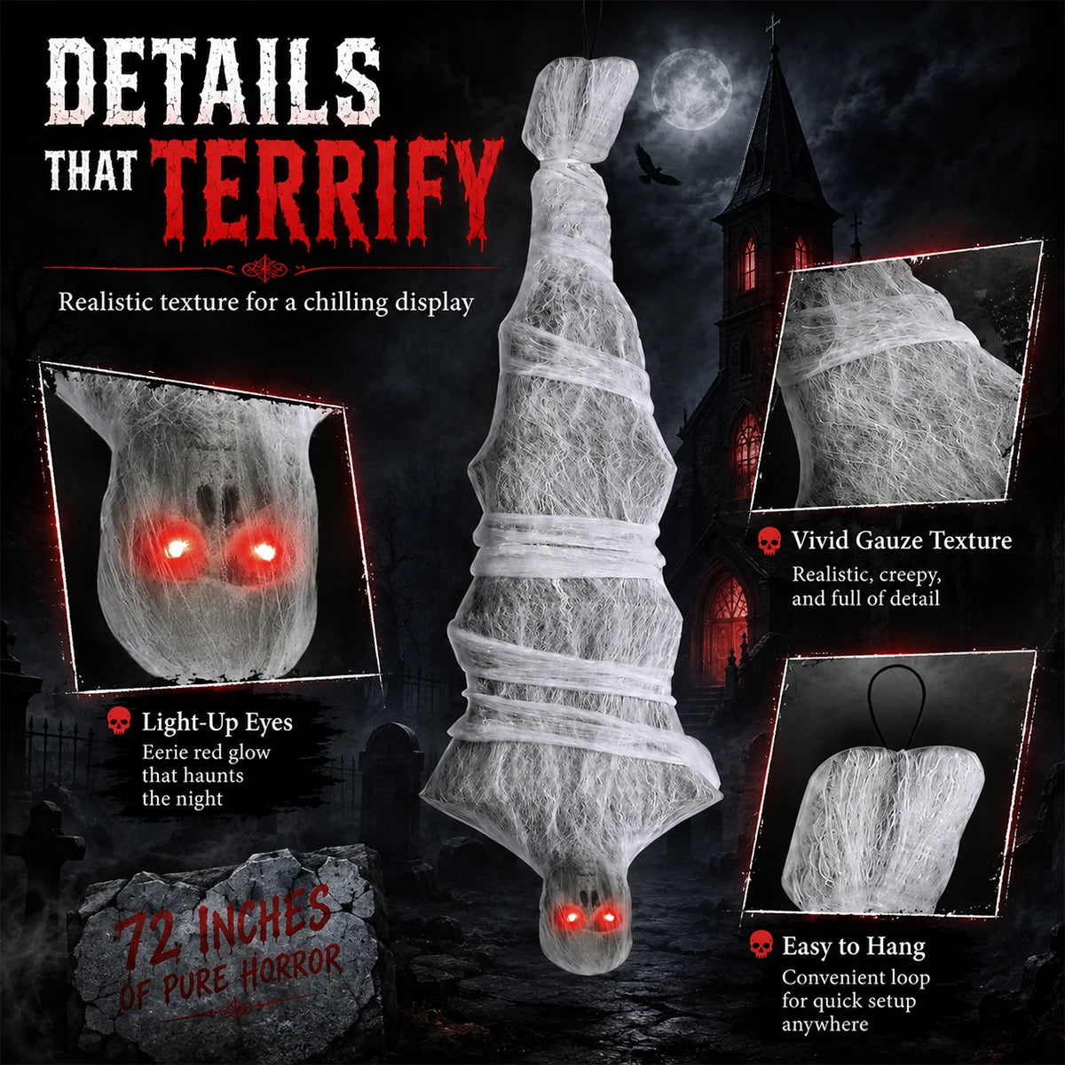 Scary Halloween Hanging Upside‑Down Zombie Mummy Decor, Electric Animated Prop with Red Light‑Up Eyes, Spooky Ornament for Garden Yard Haunted House Party Supplies