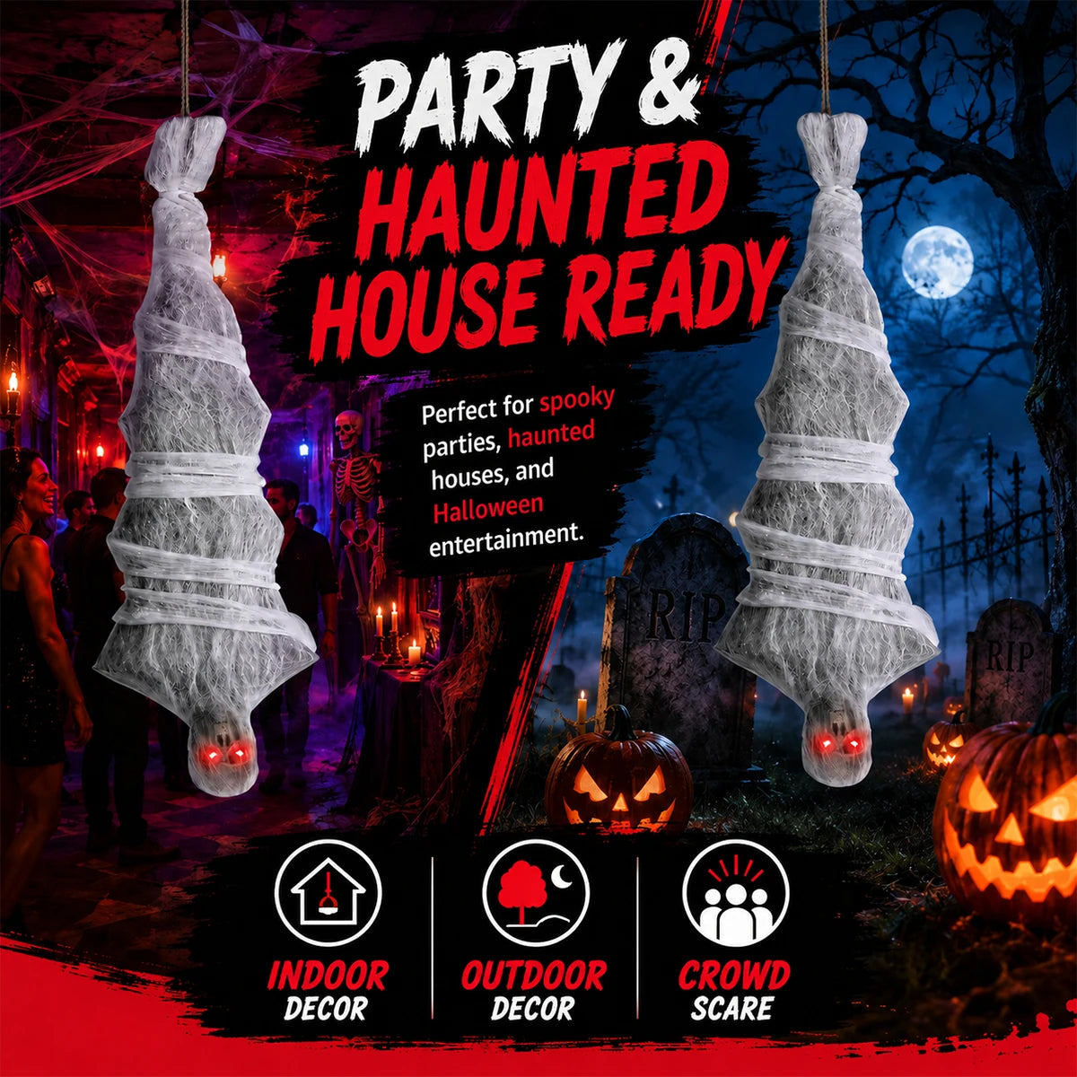 Scary Halloween Hanging Upside‑Down Zombie Mummy Decor, Electric Animated Prop with Red Light‑Up Eyes, Spooky Ornament for Garden Yard Haunted House Party Supplies