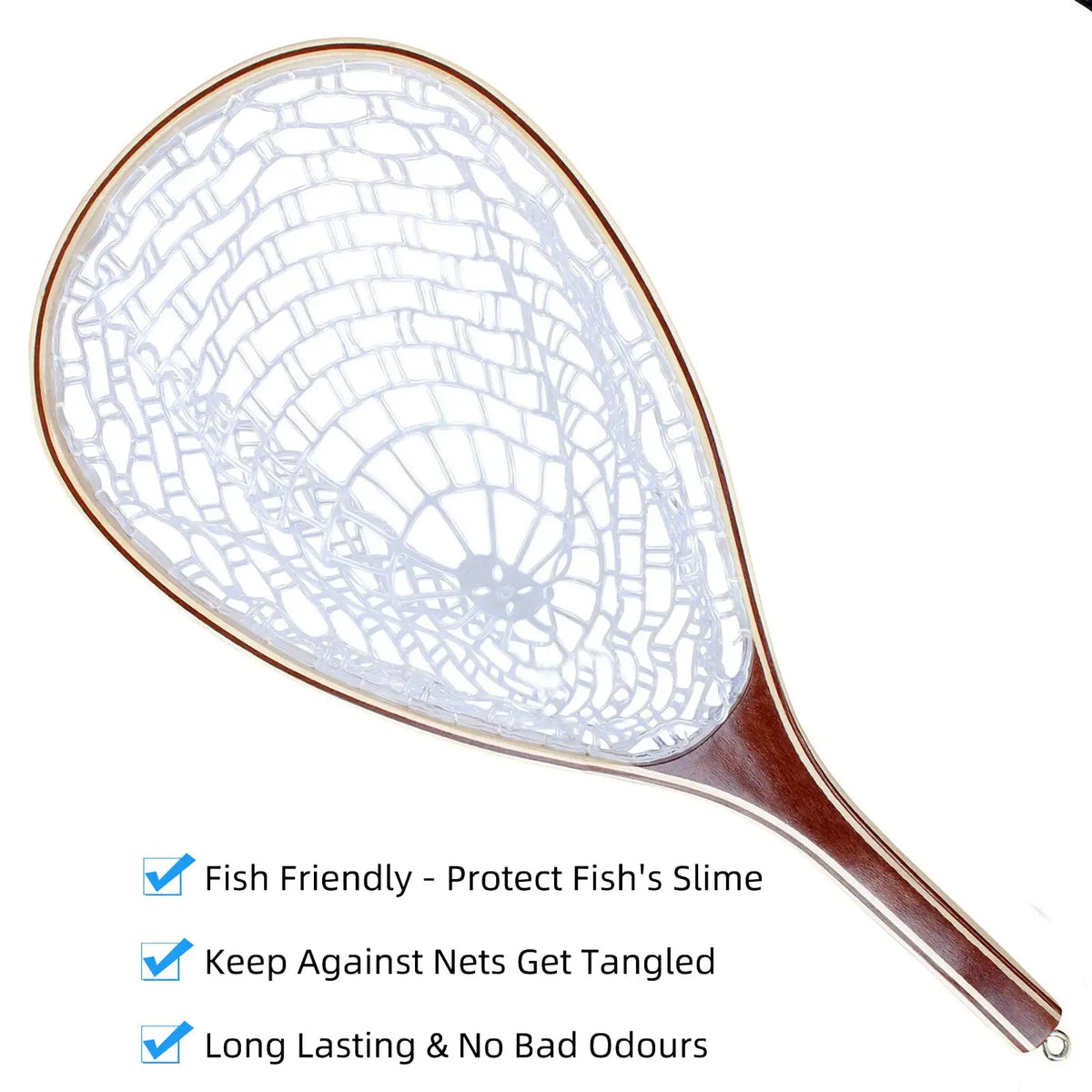 Fishing Net for Trout, Fly Fishing Net with Soft Rubber Mesh, Wooden Handle Fishing Net for Freshwater & Saltwater Fishing, Catch and Release, Gift for Anglers & Fly Fishing Enthusiasts