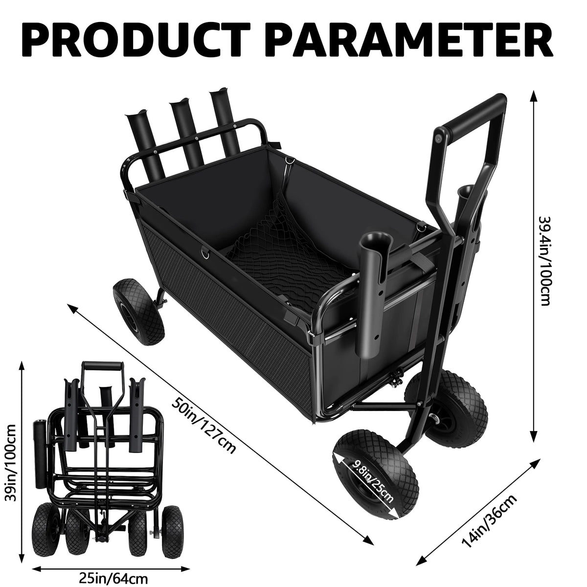 BHB Beach Fishing Cart, Beach Wagon Trolley, Foldable Beachs Trailer, 352 lbs Load Capacity, 6 Fishing Rods Holder, Durable Oxford Bag