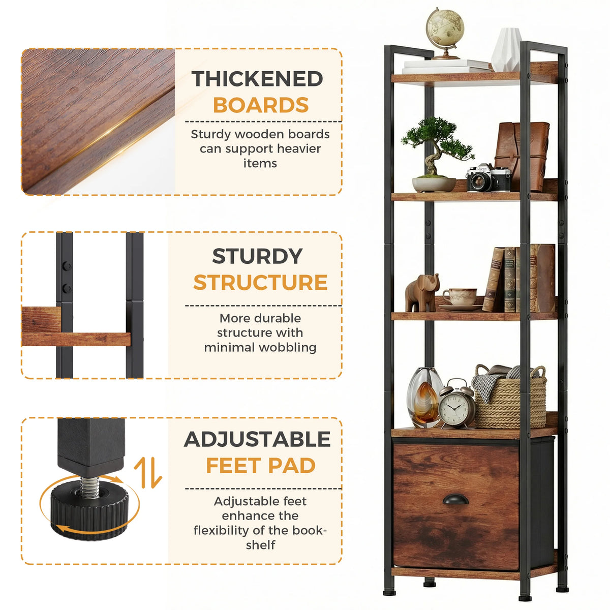 Metal Five Tier Freestanding Bookshelf With Fabric Storage Drawers