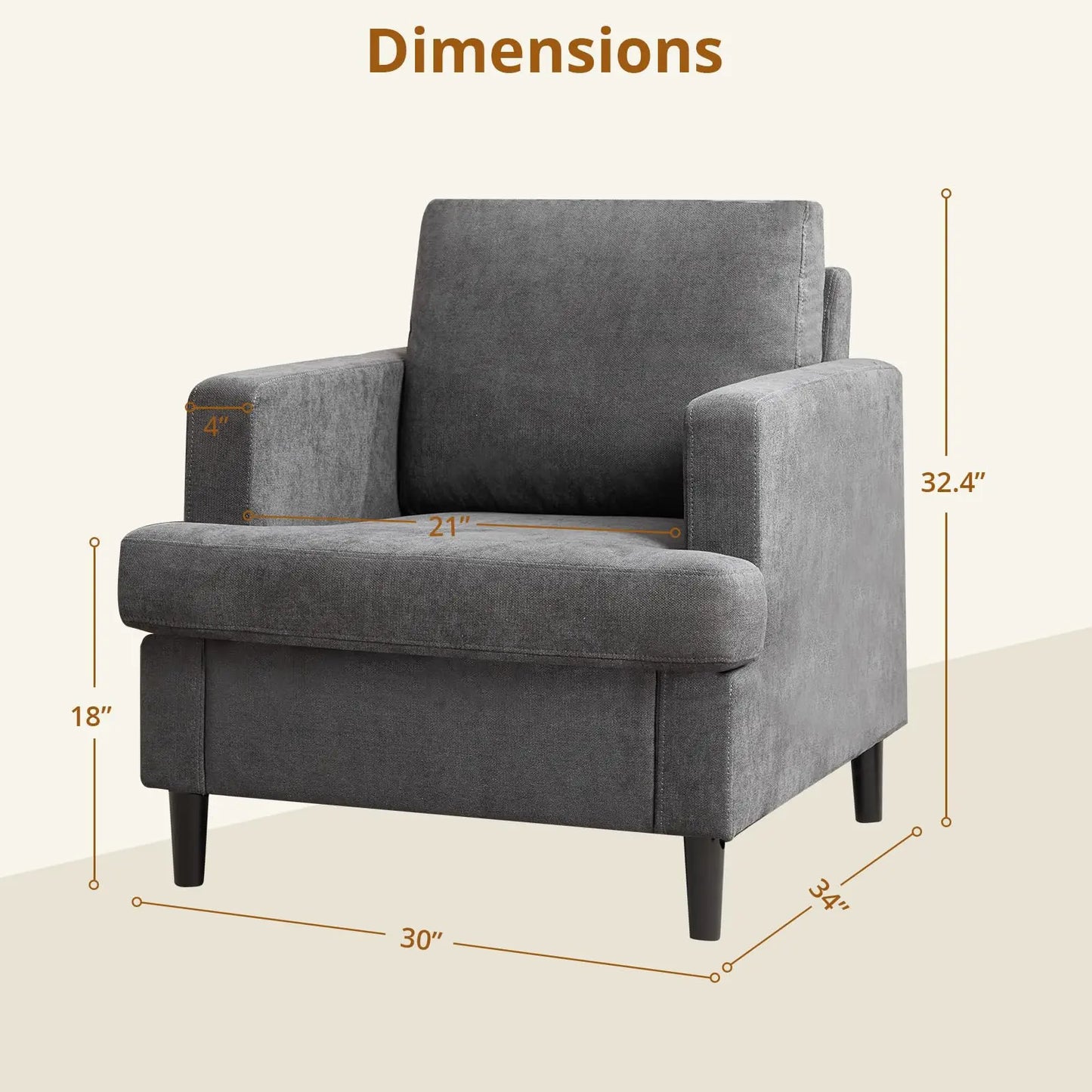 Modern Single Accent Chair Comfortable Linen Upholstered Armchair With Soft Thick High Resilience Foam Cushion Sturdy Solid Wood Legs Soft Backrest For Living Room Bedroom Office