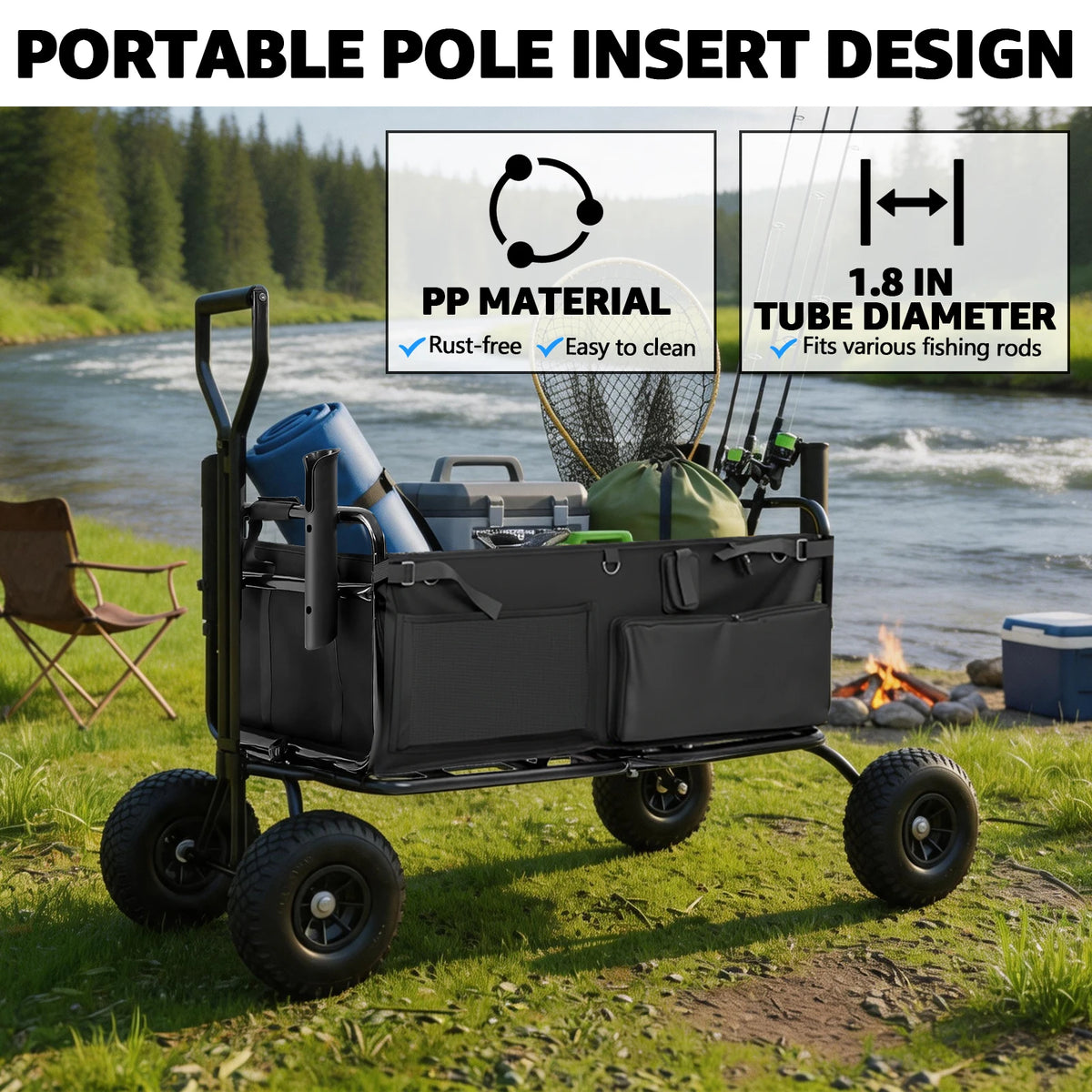 BHB Beach Fishing Cart, Beach Wagon Trolley, Foldable Beachs Trailer, 352 lbs Load Capacity, 6 Fishing Rods Holder, Durable Oxford Bag