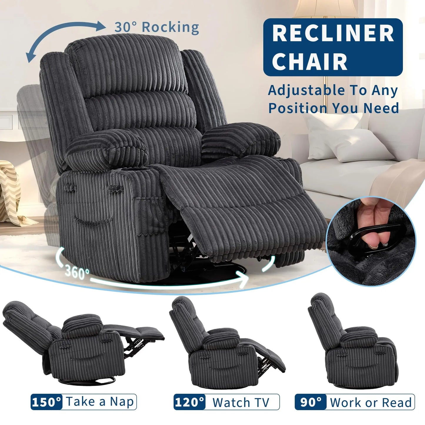 360° Swivel Rocking Recliner Chair With Cup Holder, Oversized Corduroy Nursery Glider, Deep Seat Lounge Chair For Living Room