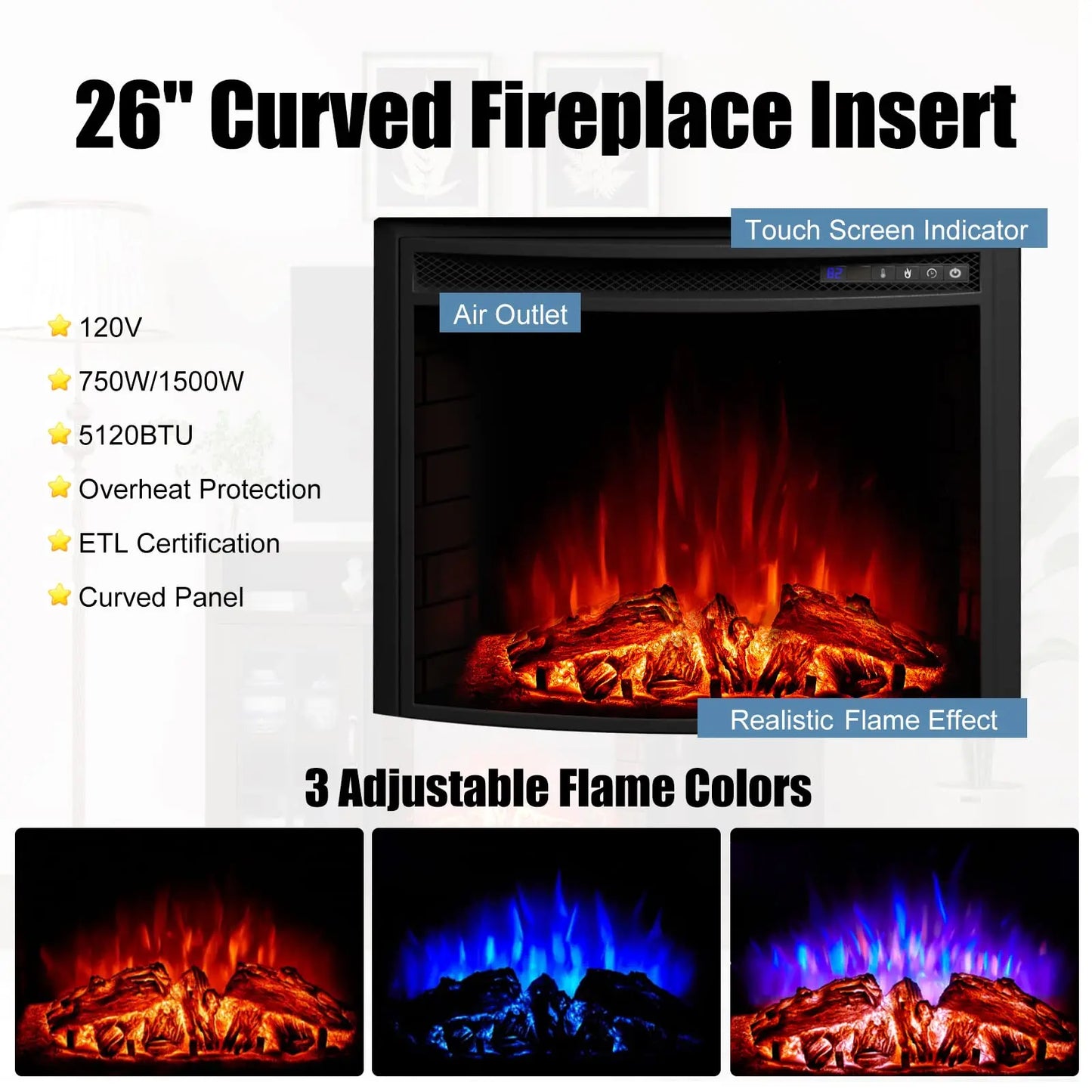 Curved Electric Fireplace TV Stand With Glass Door Storage