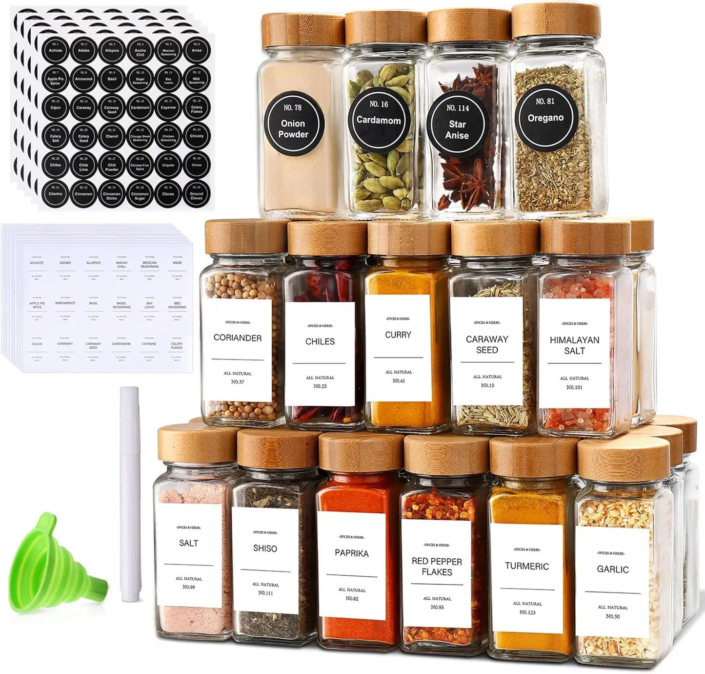 Glass Spice Jars With Bamboo Lids Labels And 24 Piece Organizer Set