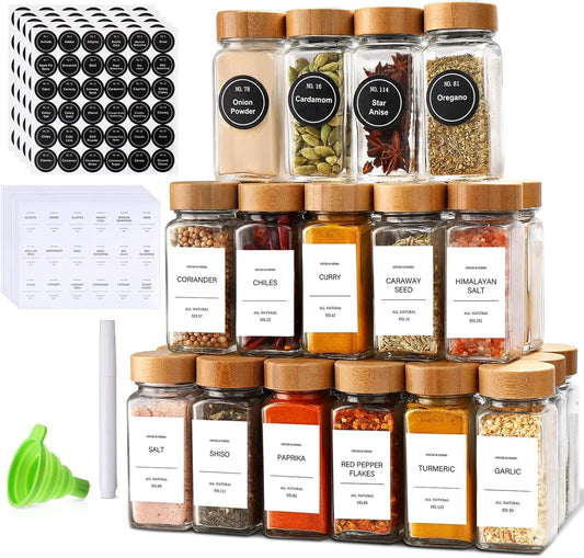 Glass Spice Jars With Bamboo Lids Labels And 24 Piece Organizer Set