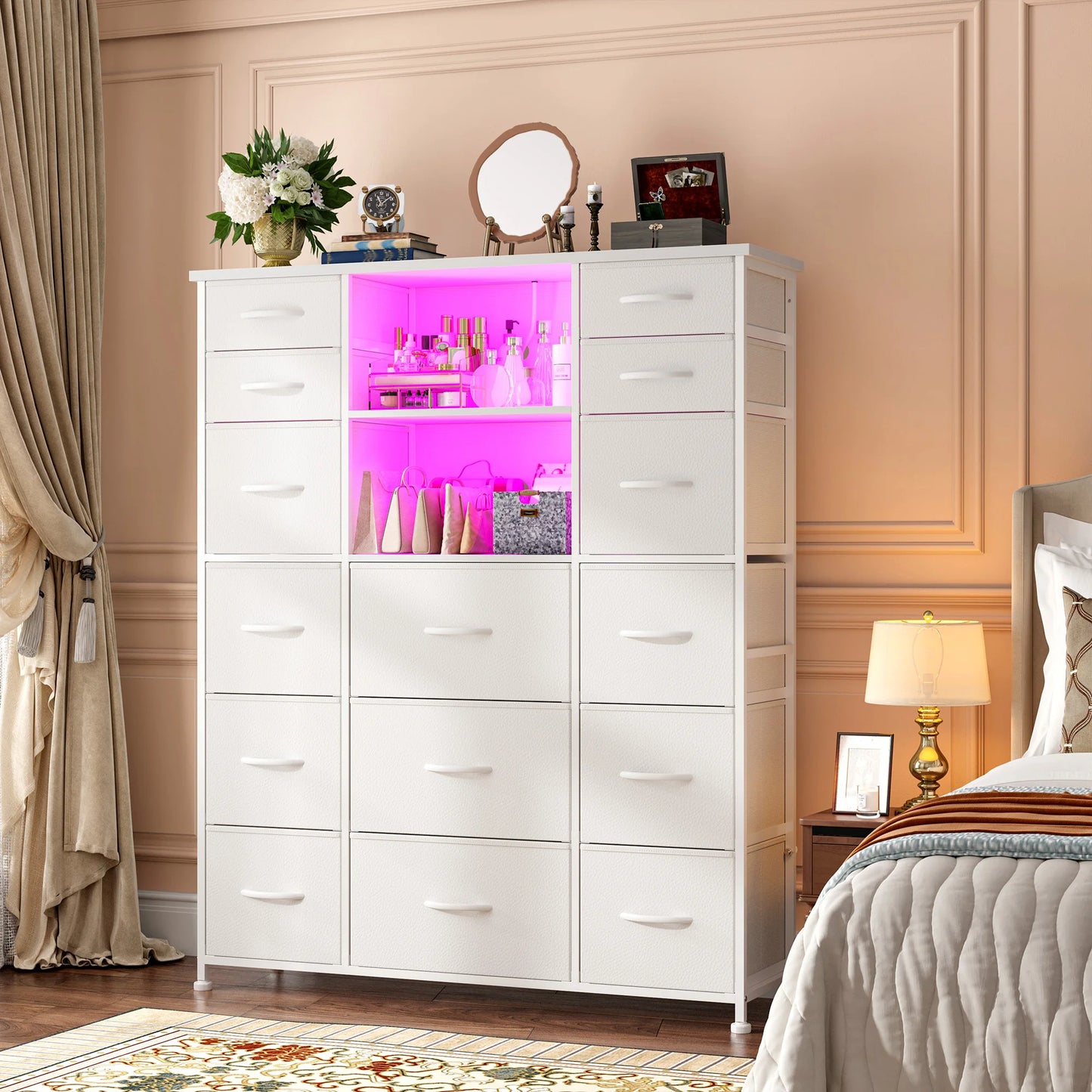 EnHomee 15 Fabric Drawers Storage Organizer With Charging Station LED Hutch