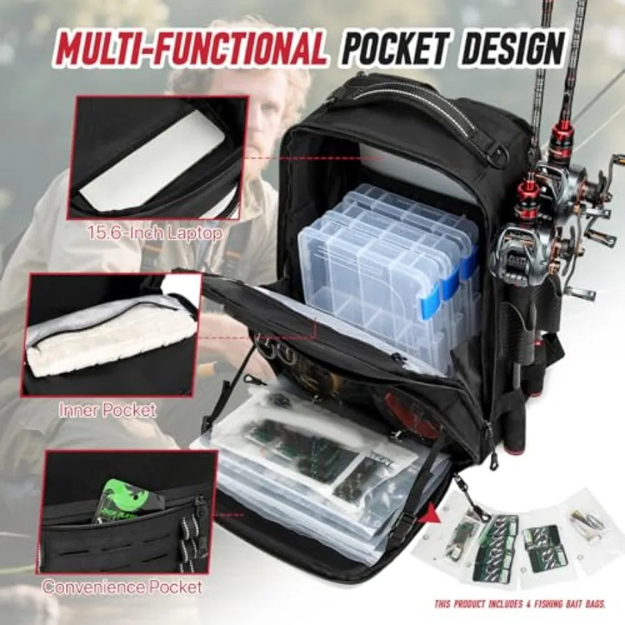 Fishing Tackle Backpack, Tackle Bags with 2 Rod Holders, Water-Resistant Tackle Bag Storage Bag for Fishing Gear Black