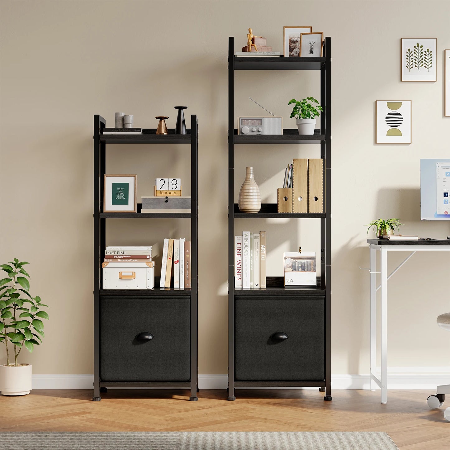 MCQ 4-5 Tier Bookshelf with Fabric Drawer Standing Open Book Shelf Organizer Wood and Metal Storage Shelf Organizer in Living Room Bedroom