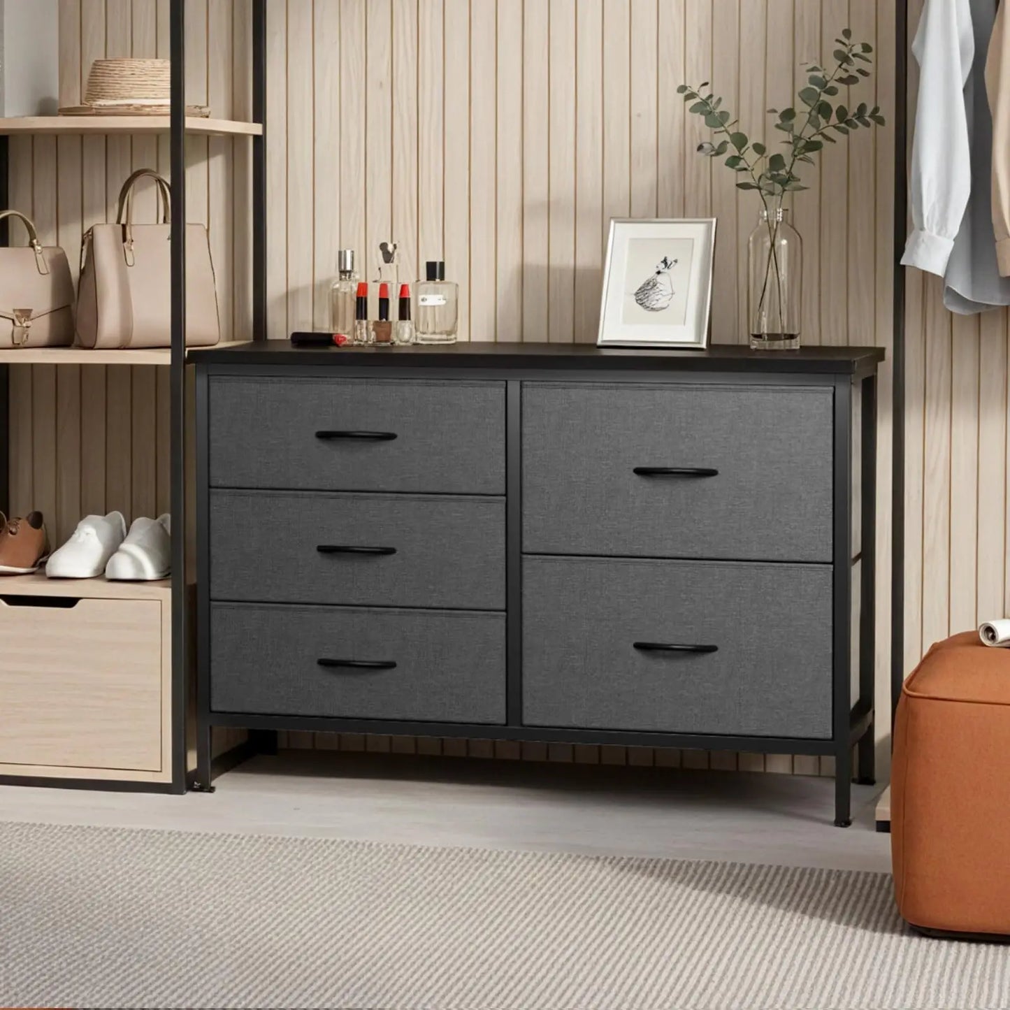 JHK Five Drawer Dresser With Metal Frame For Living Room
