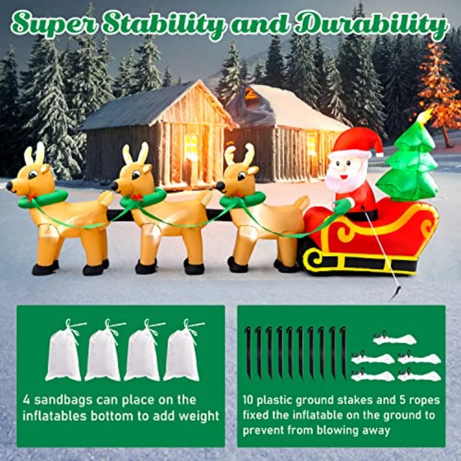 Outdoor Christmas inflatables decorations: 13 FT lighted Santa Claus on sleigh with 3 reindeer Christmas tree, PVC material, re