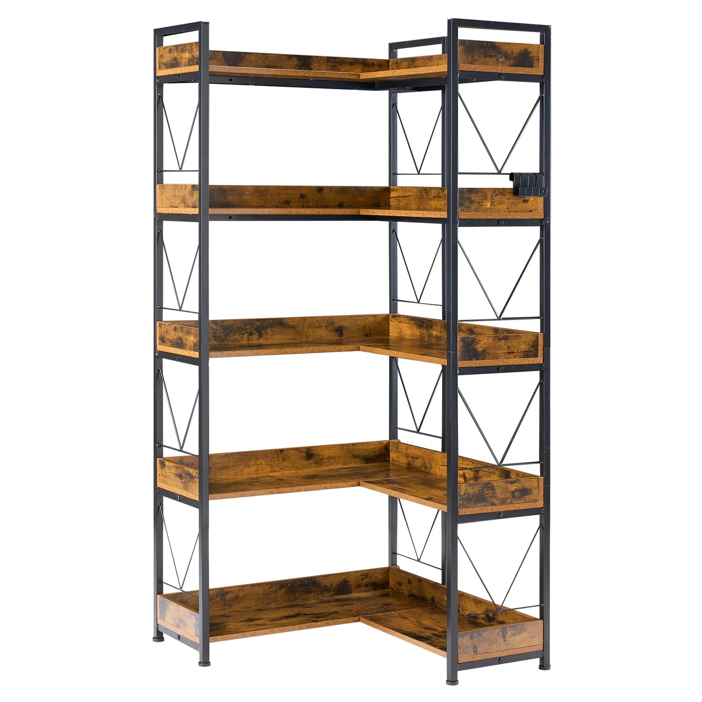 JHK L Shaped 5 Tier Corner Bookshelf 65 inch Bookcase with Hooks and Edge Industrial Pantry Shelves with Metal Frame Wooden Open Storage for Living Room Home Office