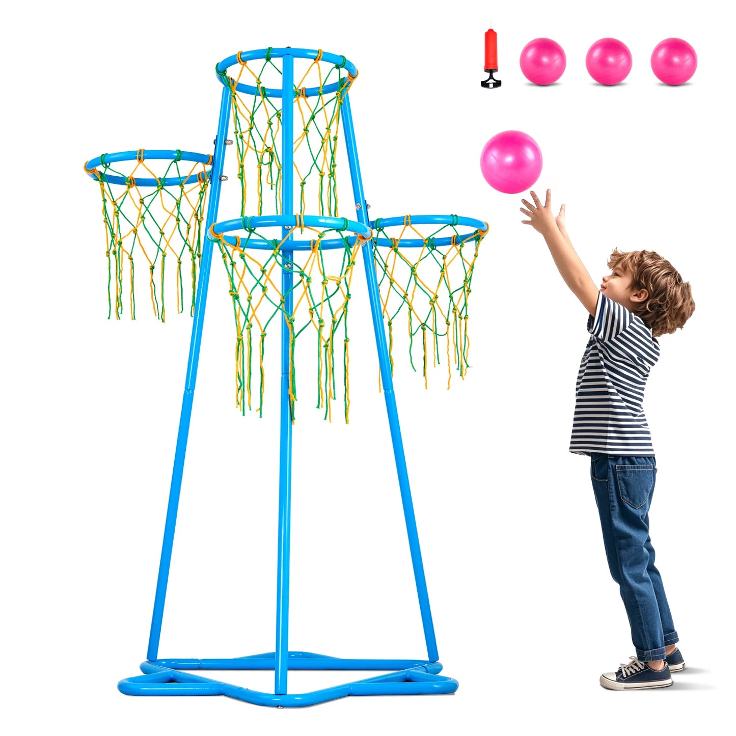 SucceBuy 4-Hoop Kids Basketball Hoop Stand with Adjustable Heights 3 Balls for Boys & Girls Indoor Outdoor Basketball Sport Toys
