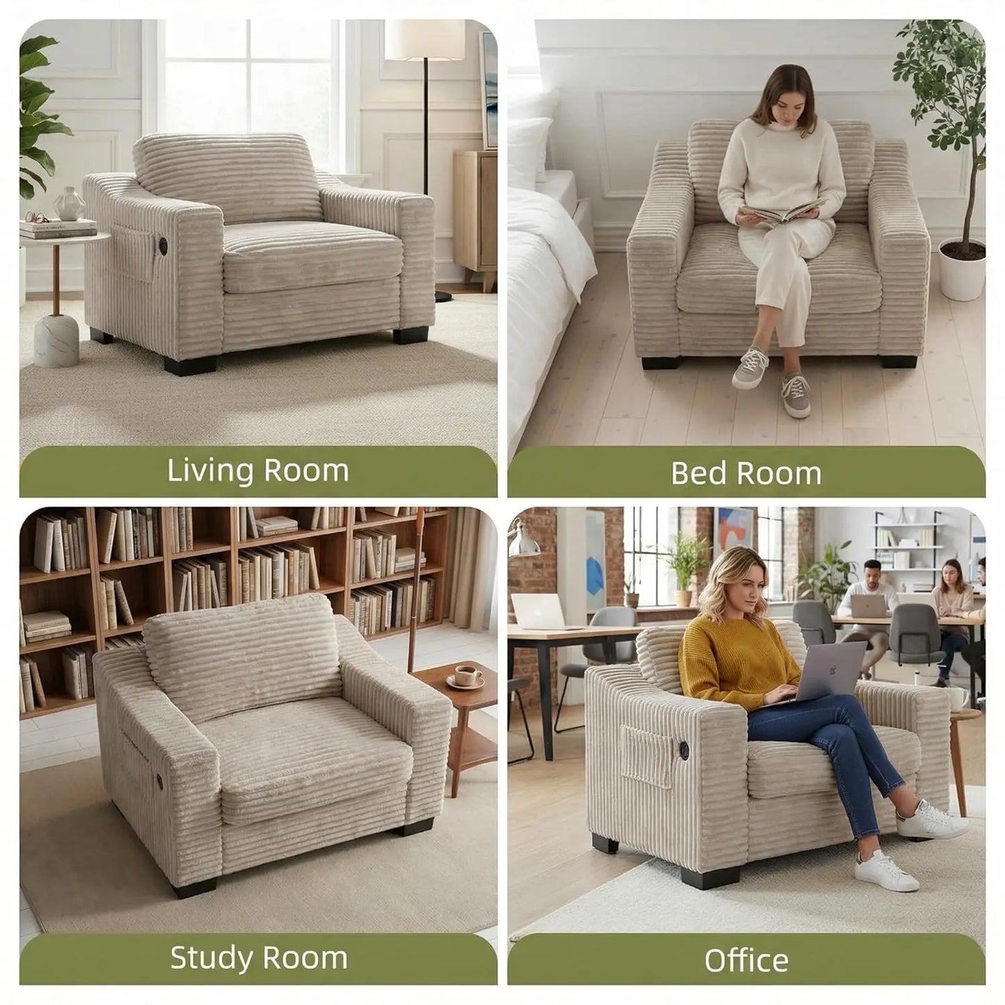Corduroy Accent Chair With USB Charger Pocket Storage