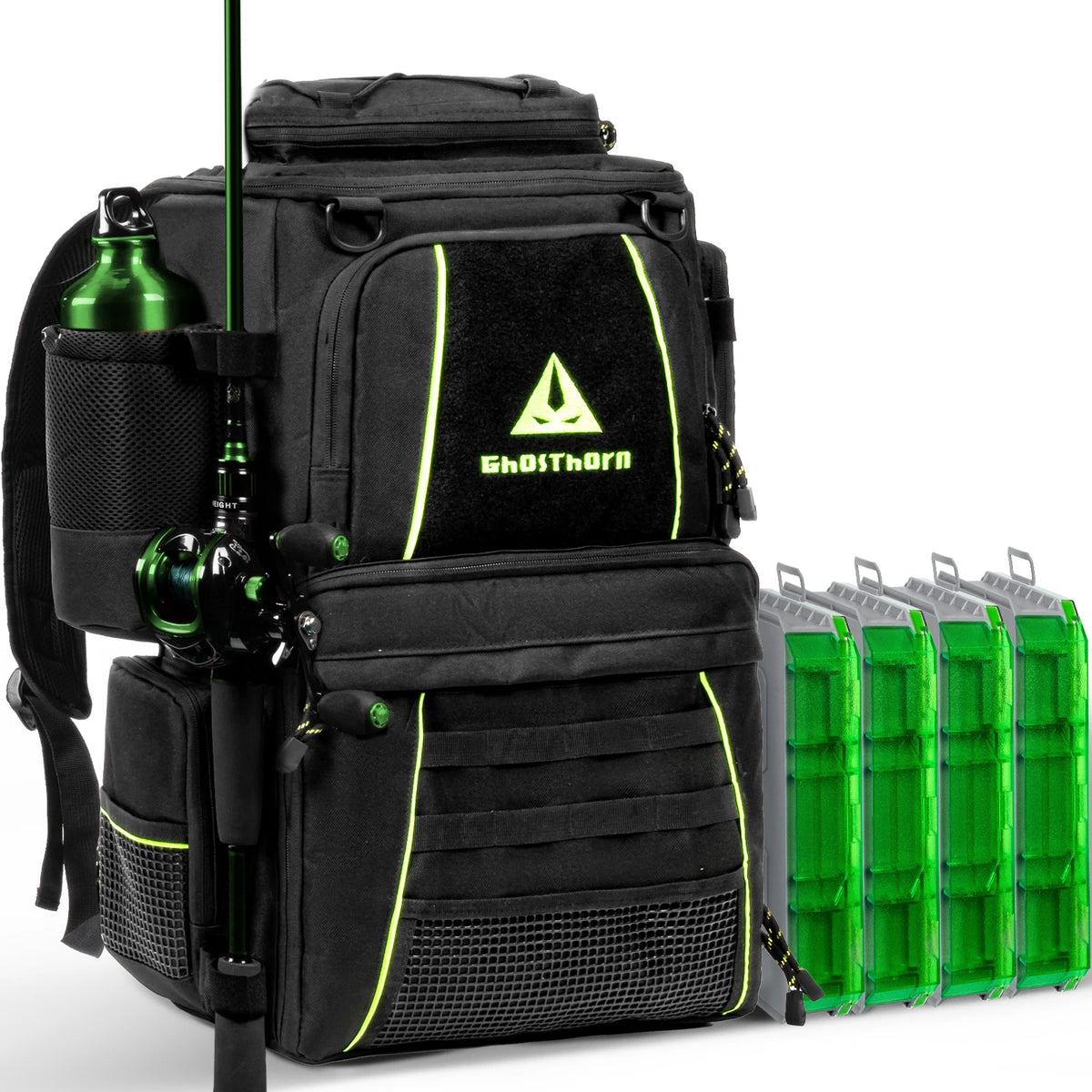 Ghosthorn 43L Fishing Backpack with 4×3600 Tackle Boxes, Rod Holder & Detachable Waist Bag, Waterproof