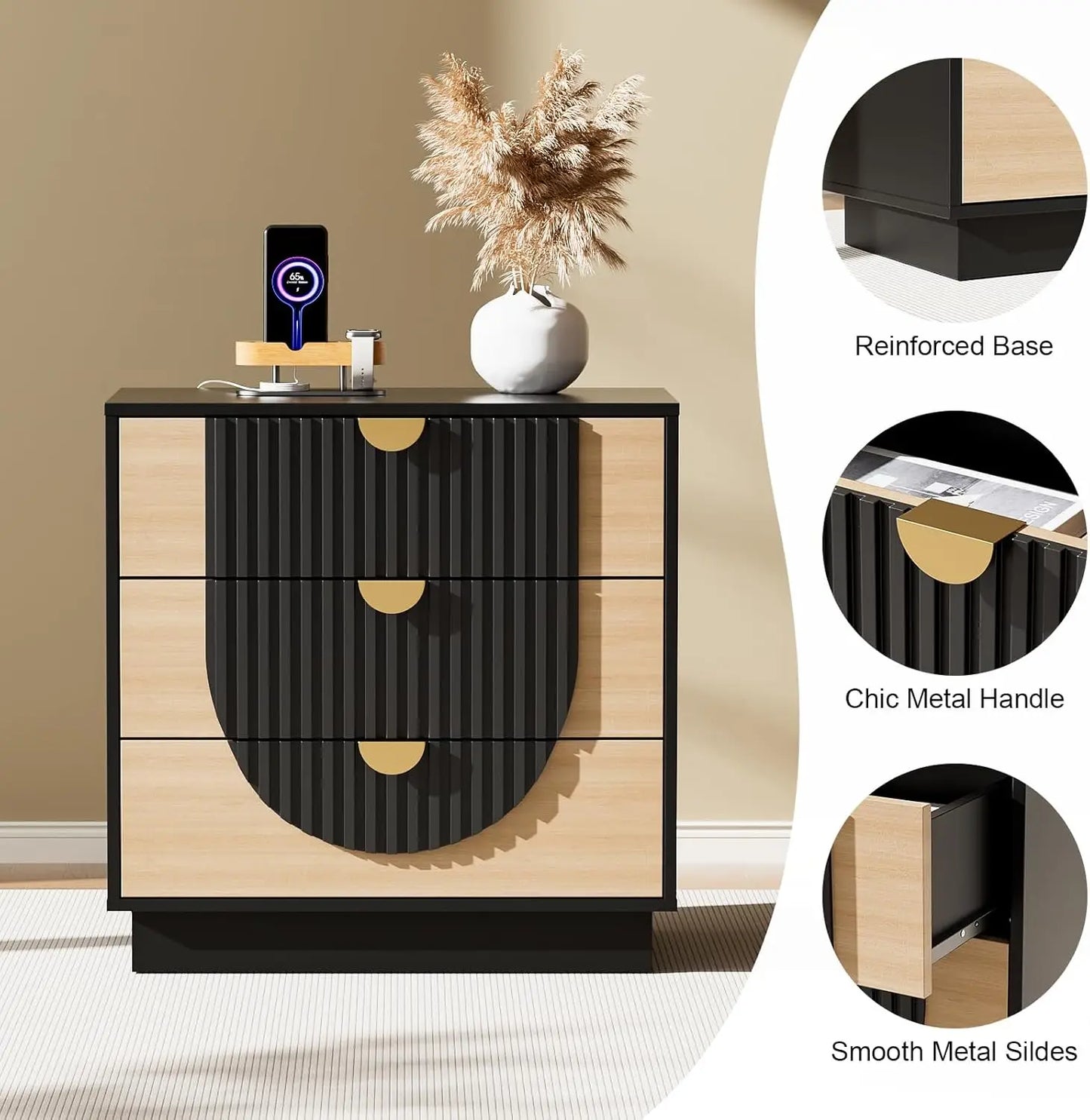 3 Drawer Nightstand With Charging Station Wood Bedside Table