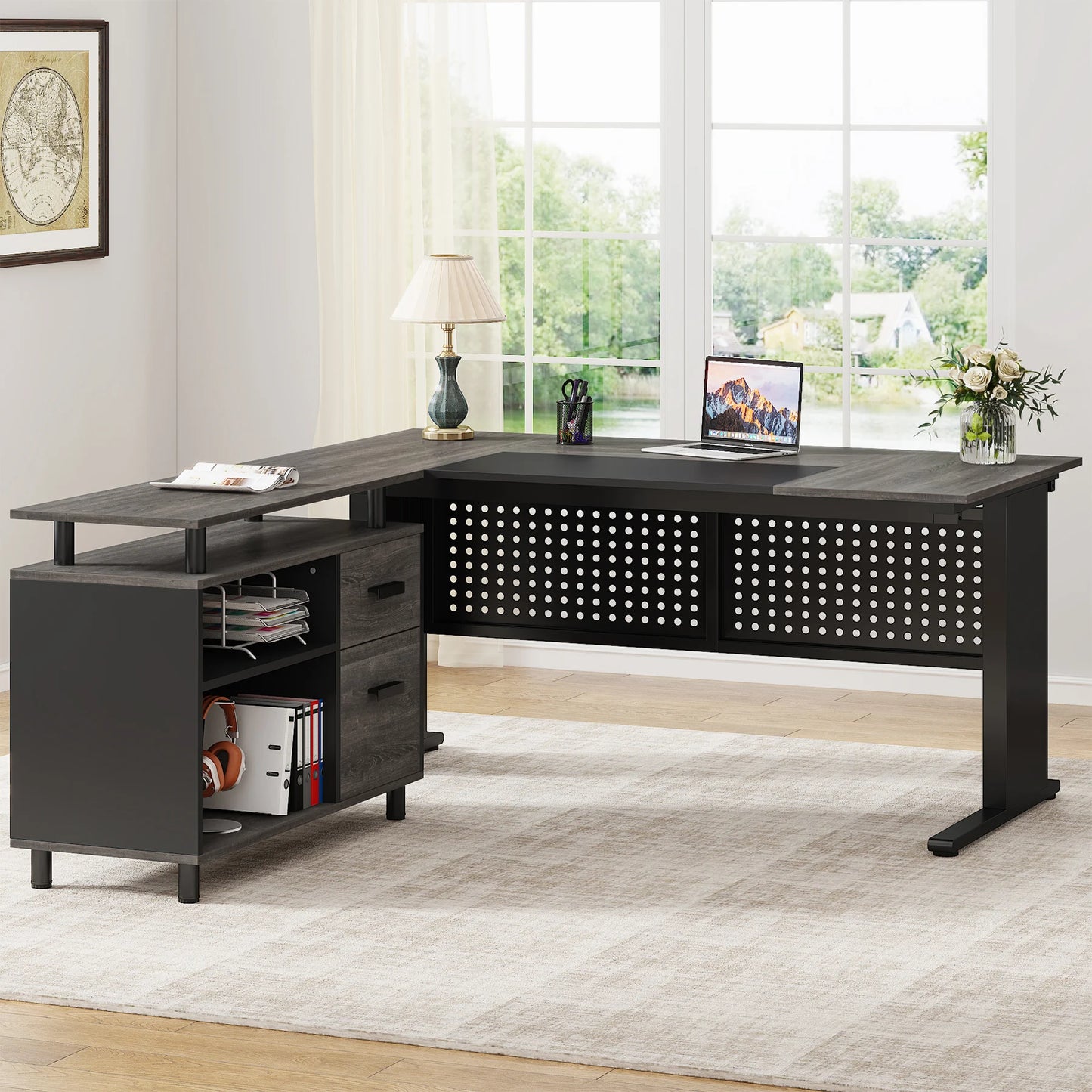 Tribesigns Executive Desk With File Cabinet And Storage Shelves