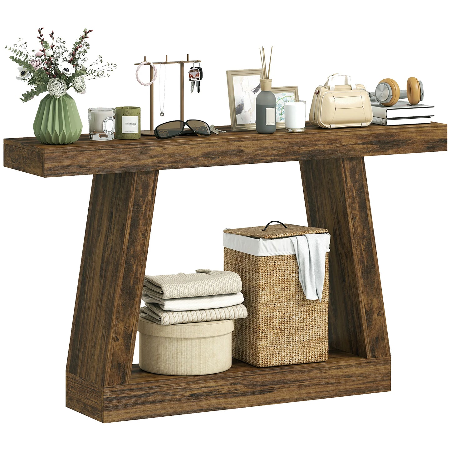55.1" Narrow Entryway Table, 2-Tier Farmhouse Console Table with Thickened Tabletop, Storage Shelf and Trapezoidal Base for Behind Couch Sofa, Living Room, Hallway, Entrance, Rustic Brown