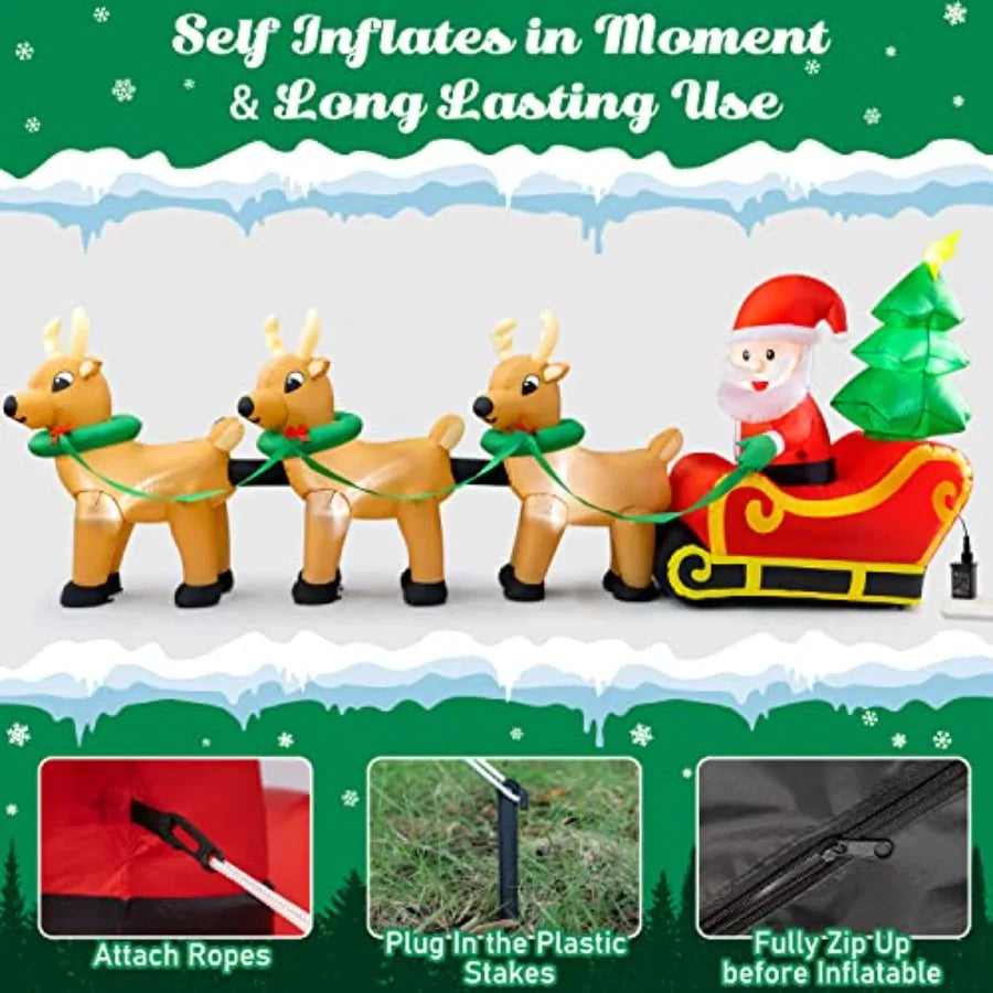 Outdoor Christmas inflatables decorations: 13 FT lighted Santa Claus on sleigh with 3 reindeer Christmas tree, PVC material, re