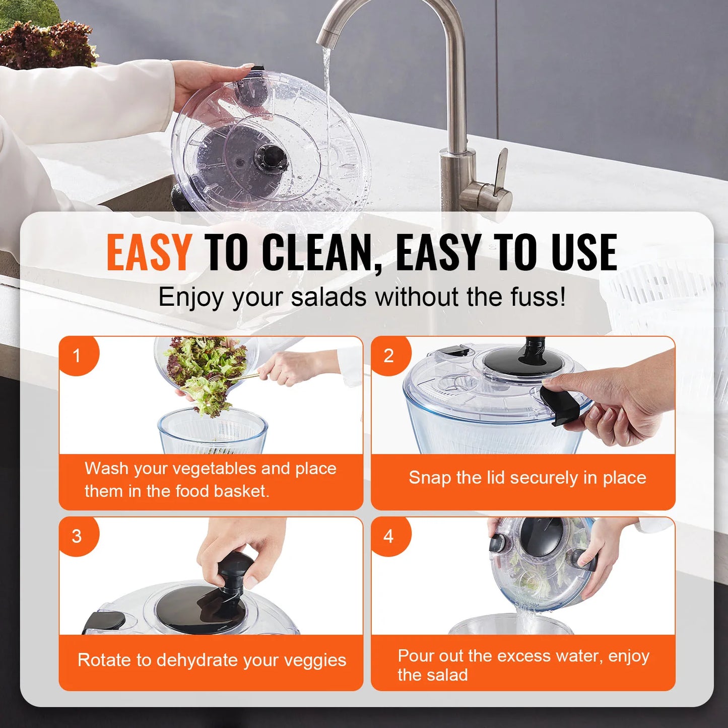 VEVOR Glass Salad Spinner One-Handed Easy Press Kitchen