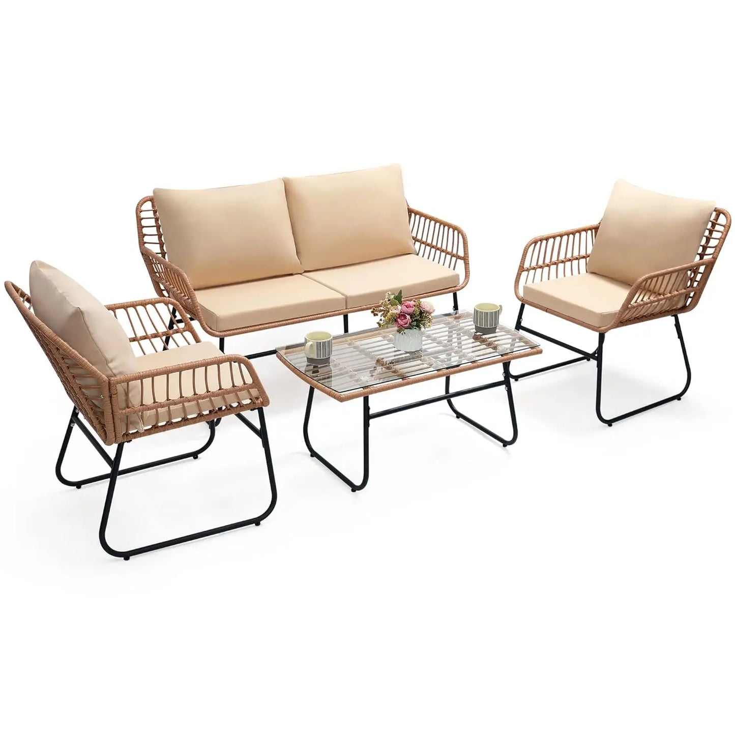 Four Piece Modern Wicker Patio Bistro Outdoor Furniture Set