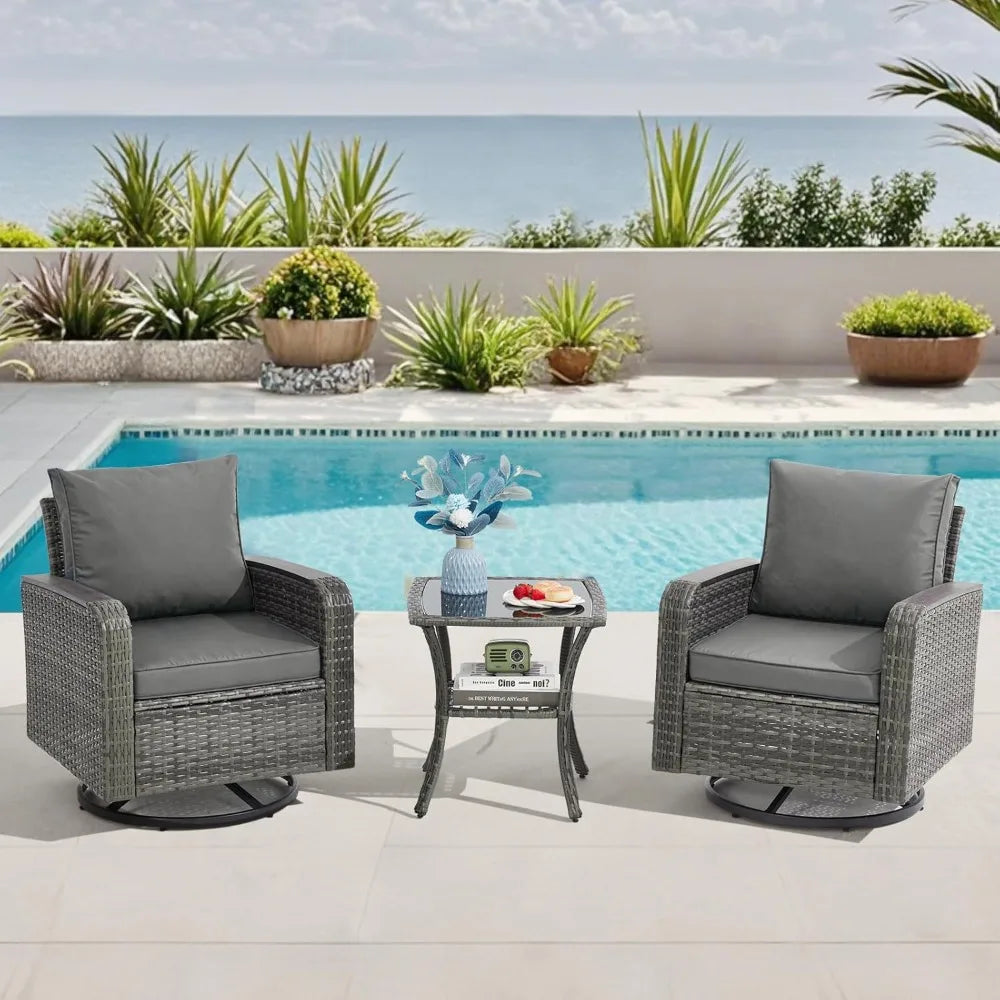 Wicker Patio Set With Swivel Chairs And Side Table For Outdoor Use
