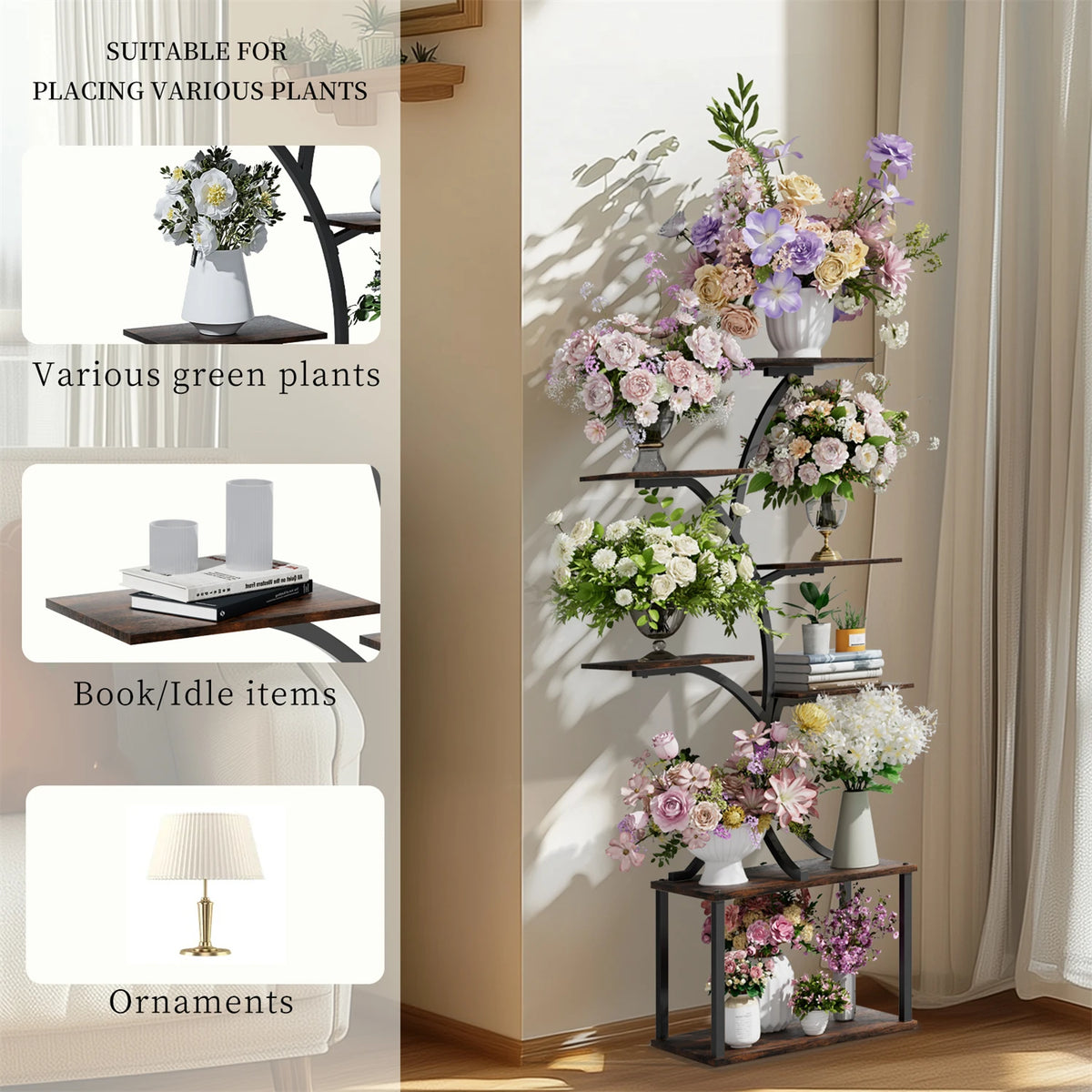 Tree Shaped Metal Plant Stand with Pot Display and Lights