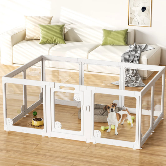 Clear Acrylic Dog Play Pen Indoors 24", 8 Panels Transparent Puppy Playpen with Door for Small Dogs Puppies, Modular Plastic Pet Playpen Cage Fence Crate for Cat Kitten Rabbit