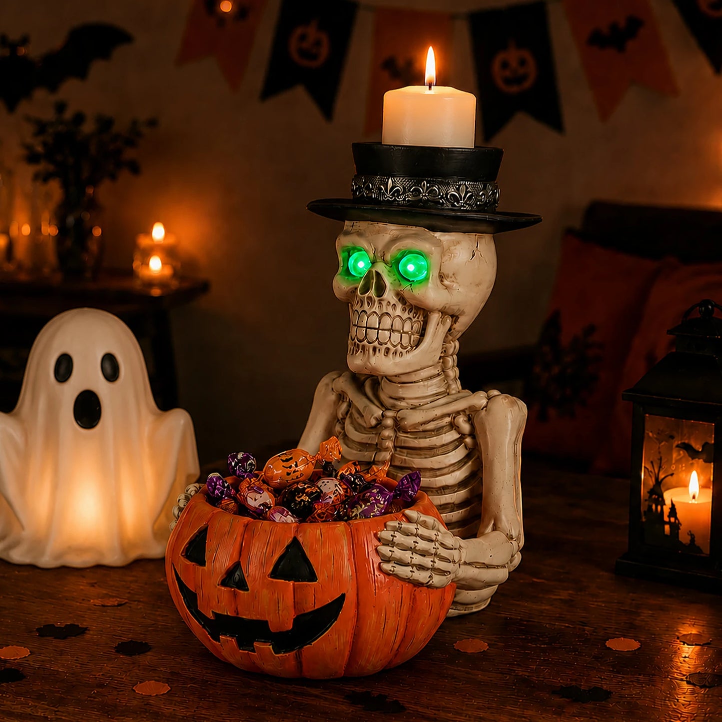 Halloween Skeleton Figurine with Pumpkin Candy Bowl & Candle Holder, Spooky Table Decor for Halloween