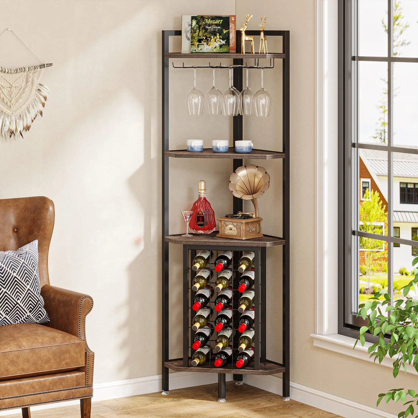 Tribesigns Wine Rack Cabinet Quad Tier Corner Shelf Glass Holder