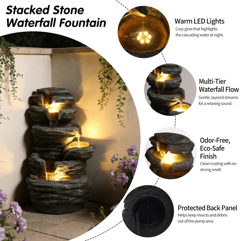 Outdoor Stacked Rock Waterfall Fountain With Integrated Garden Lighting