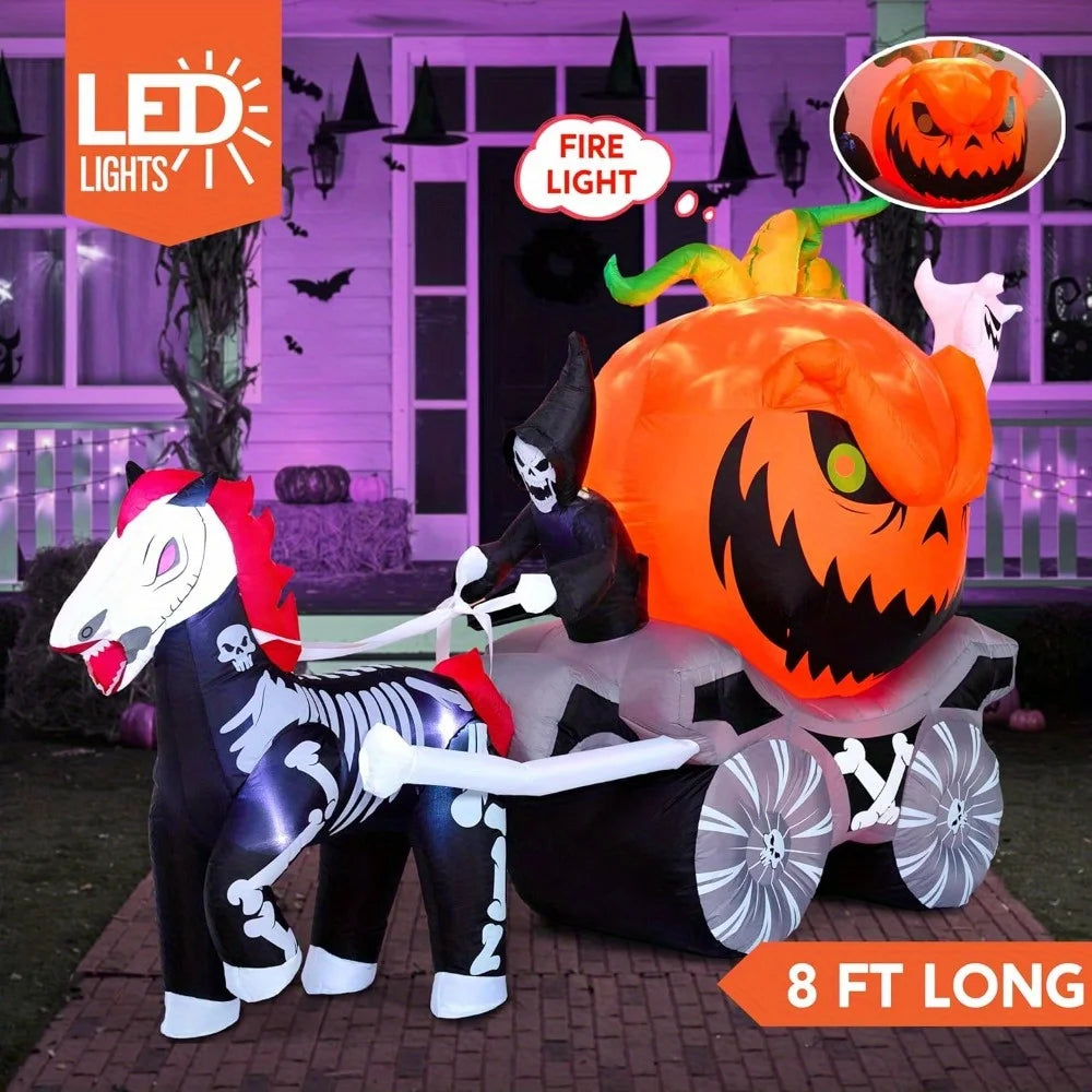 8 Ft Long Halloween Inflatables Pumpkin Carriage Outdoor Decorations Blow Up Pumpkin Carriage with Build-in LEDs Blow Up for Yard, Halloween Inflatables Party Decoration Outside Garden Lawn